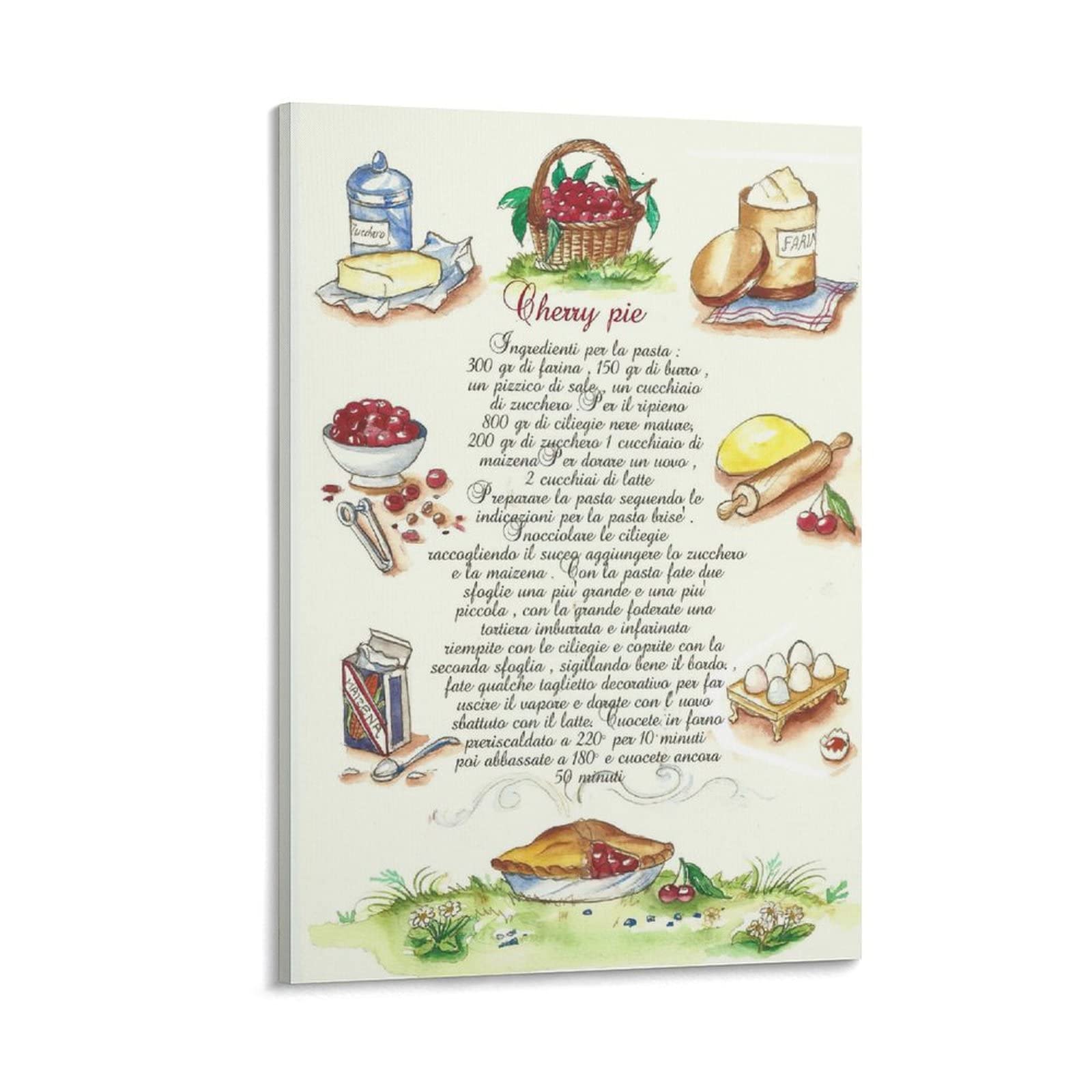 Handmade Cherry Pie Kitchen Wall Art Canvas Painting - 20x30 Inch (50x75cm) Framed Decor for Living Room, Bedroom, Dining Area - Perfect for Farmhouse, Country Style & Baking Enthusiast Gifts
