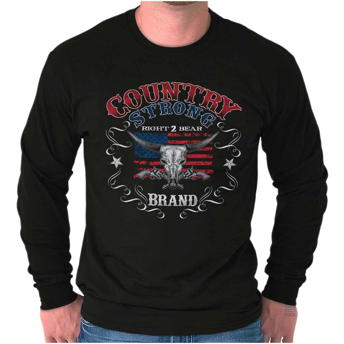 Brisco Brands Country Strong Longhorn Gun Rights Men's Long Sleeve T-Shirt | Patriotic American Western Style Tee for Hunting, Outdoor & Casual Wear