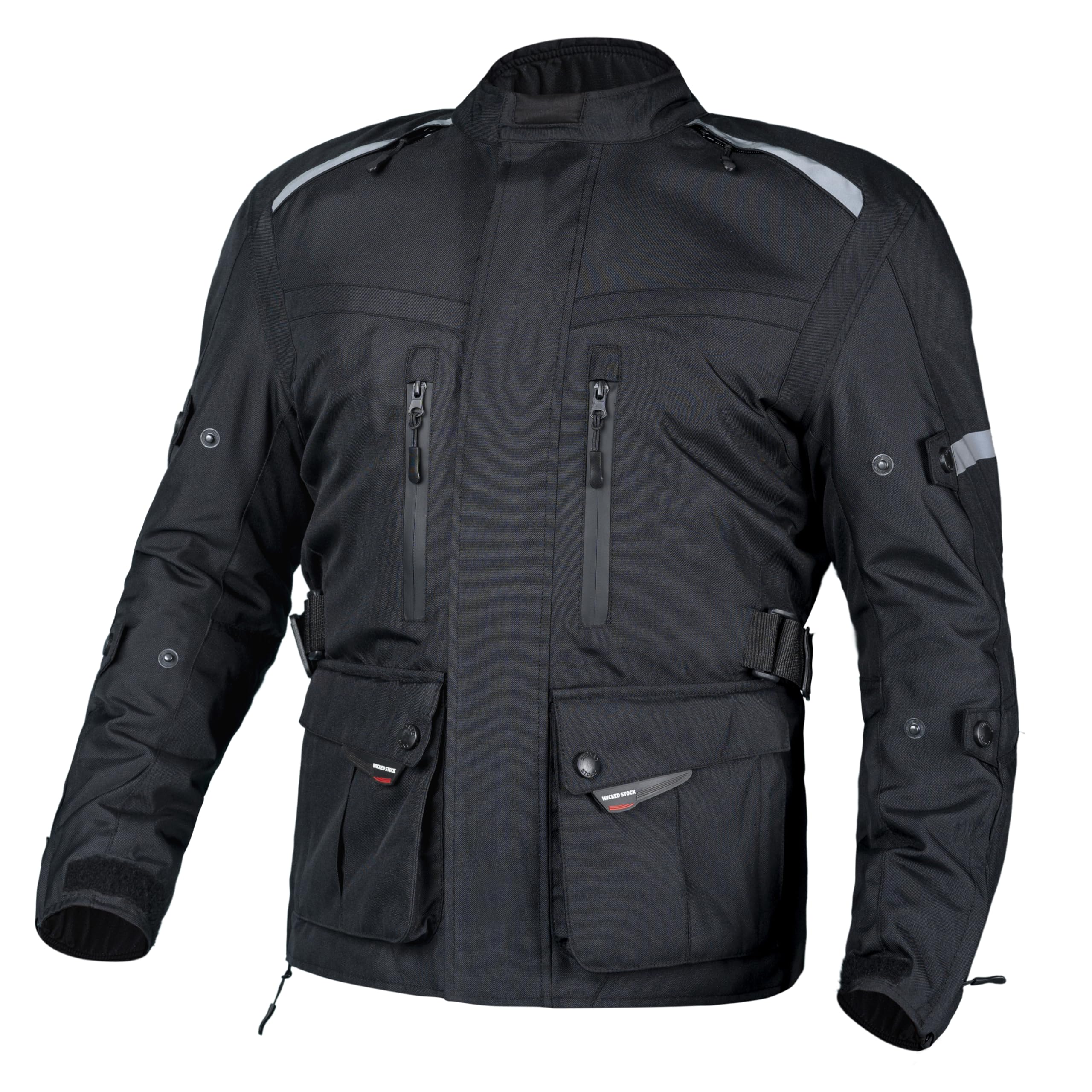 WICKED STOCK CE LEVEL2 Certified Waterproof Motorcycle Jacket for Men - Reflective Armored Biker Jacket with 8 Pockets & Adjustable Biceps, Forearms & Waist - All Season Riding Gear for Commuting, Touring & Adventure Motorcycling