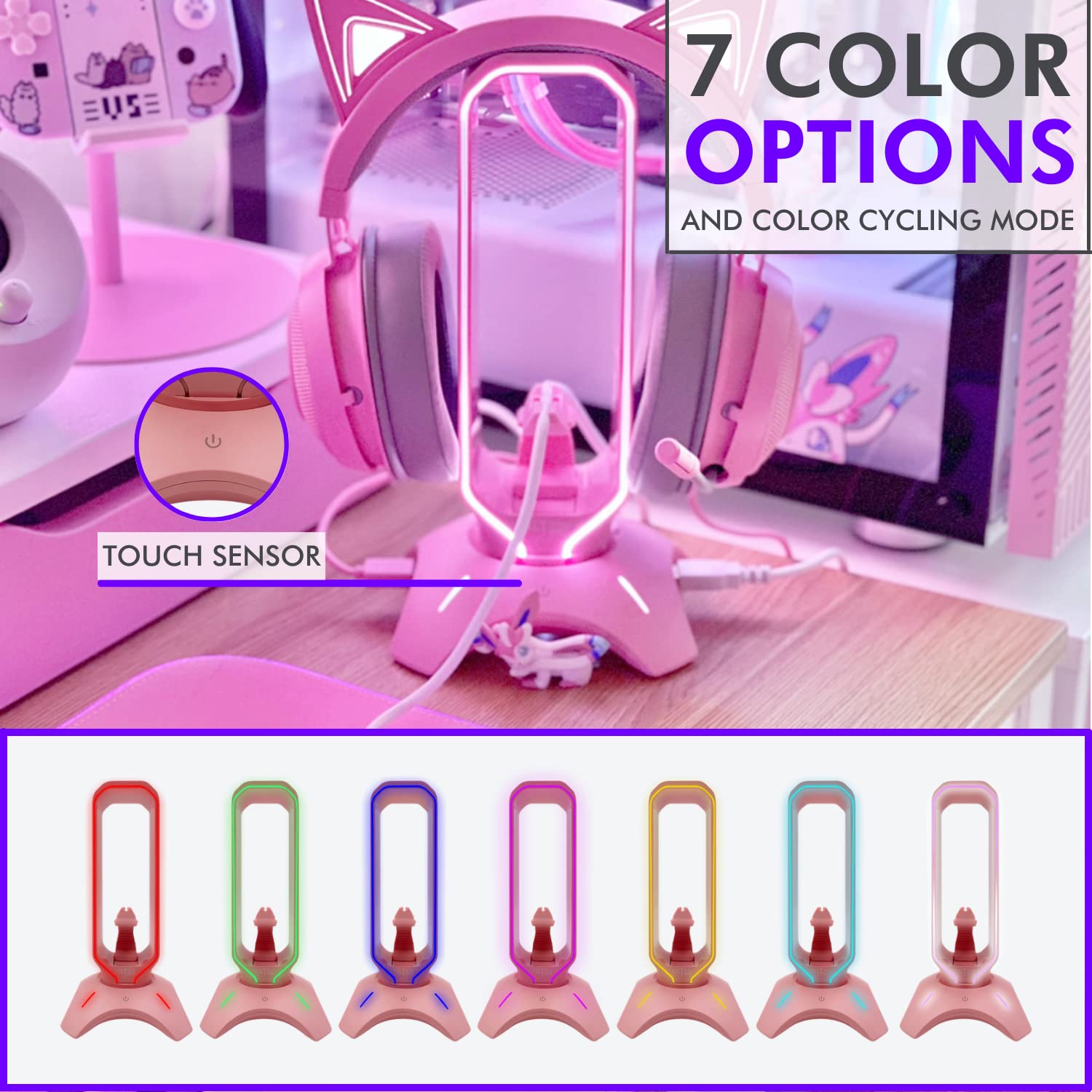 Tilted Nation RGB Gaming Headset Stand with Mouse Bungee & USB Hub Charger - 3-in-1 Pink Gaming Accessory - Perfect Headphone Holder for Desk Setup - Ideal for PC, PS5, Xbox Gaming Stations & Streaming Battlestations