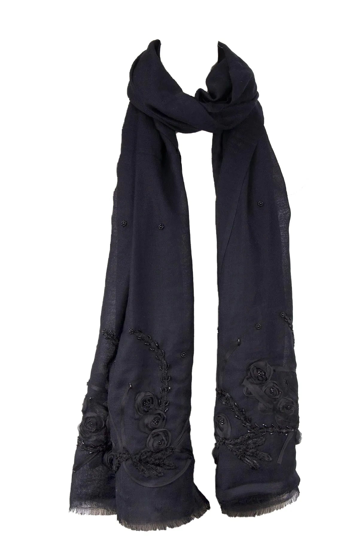 Floral Embroidered Black Scarf for Women - Elegant Fashion Accessory for Fall & Winter Outfits, Parties and Special Occasions