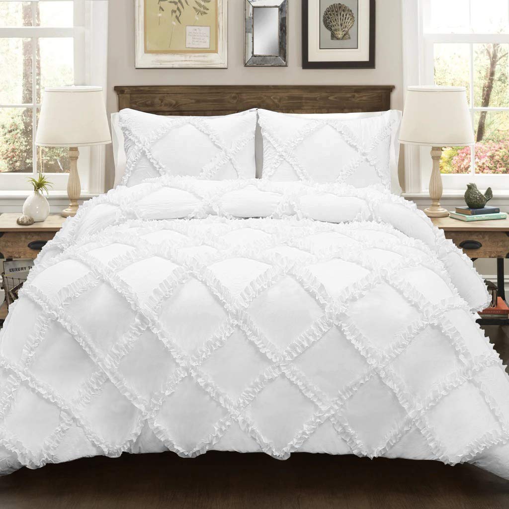 Luxury 800 Thread Count Egyptian Cotton Duvet Cover Set - Cross Diamond Ruffle Design with Zipper & Corner Ties - Oversized King Size (White) for Master Bedroom, Guest Room & Hotel Decor