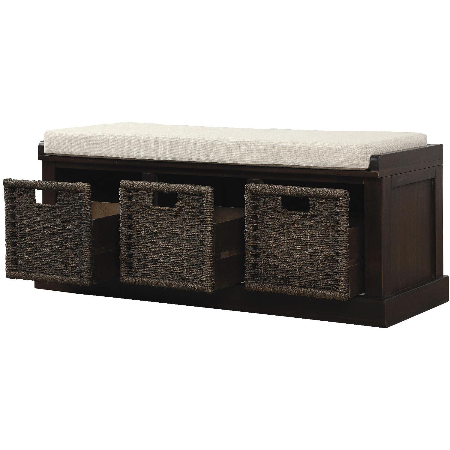 JINS&VICO Entryway Storage Bench with 3 Rattan Baskets & Removable Cushion - Shoe Bench, Footrest, Hallway Organizer (Espresso) - Perfect for Entryway, Living Room, Bedroom & Mudroom Organization