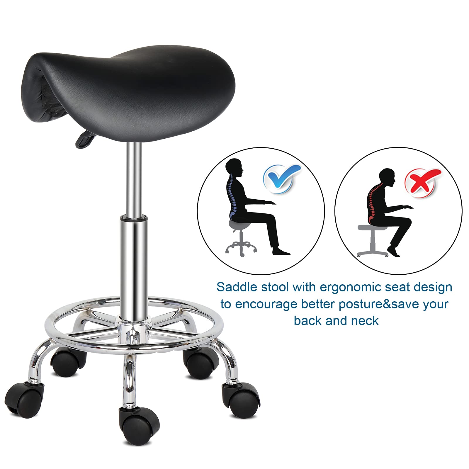 **Winado Adjustable Height Bar Stool - 360° Swivel Rolling Saddle Stool with PU Leather & Casters Wheels for Kitchen, Dining, Bistro, Salon, Spa - Modern Armless Bar Chair (Black)**    **Usage Scenarios:** Perfect for home kitchens, dining rooms, cafes, bars, salons, spas, and office break rooms.