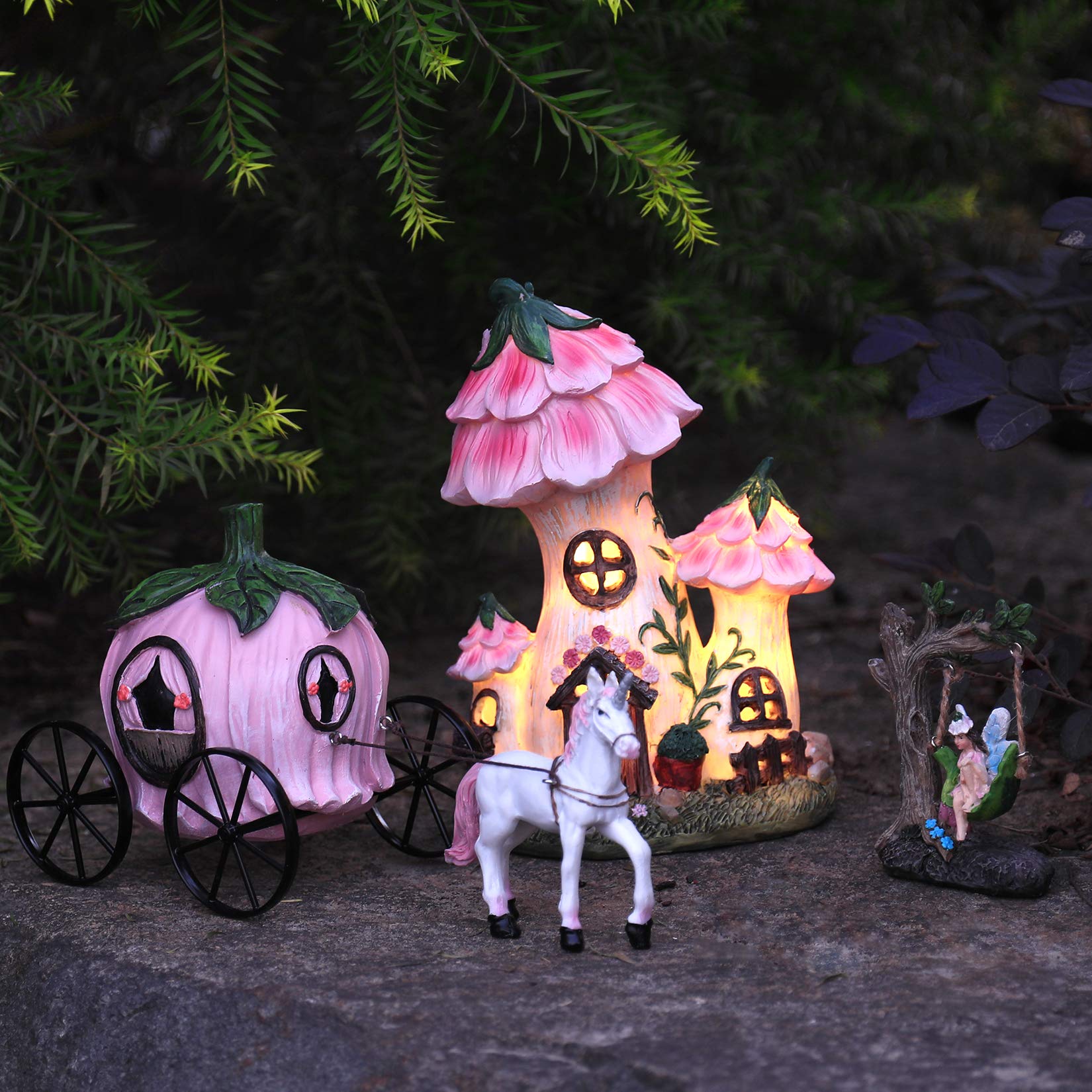 LA Jolie Muse Resin Fairy Garden - Miniature Floral Roof Cottage with Solar LED Lights, 3-Piece Fairy House Figurine Set with Carriage | Outdoor Patio, Yard & Lawn Decor | Unique Gift for Mom, Garden Enthusiasts & Fairy Lovers | Perfect for Fairy Gardens, Wedding Centerpieces & Backyard Landscaping