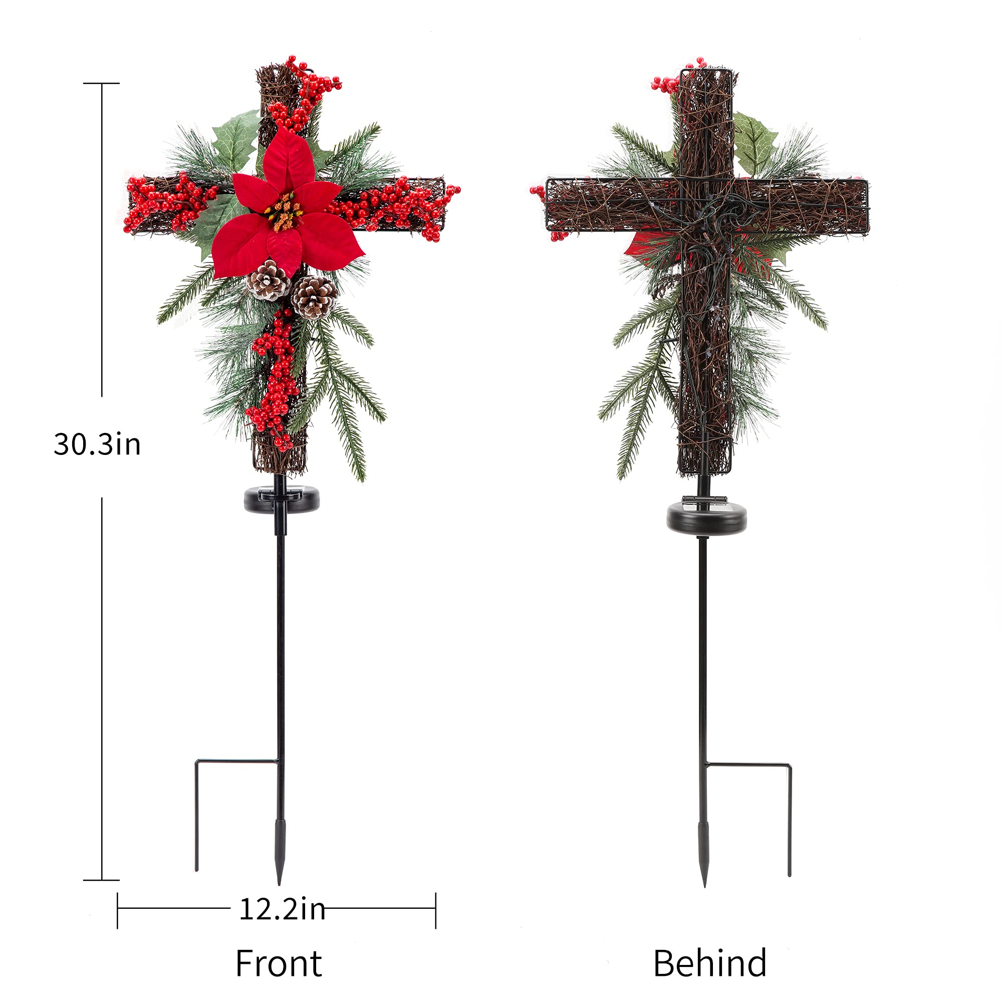 Outdoor Solar Christmas Decorations LED Lights - Waterproof Cross Stake for Garden, Lawn, Yard & Cemetery - Set of 2 with Faux Pine Cones & Foliage - Perfect for Holiday Grave Decorations & Festive Outdoor Lighting