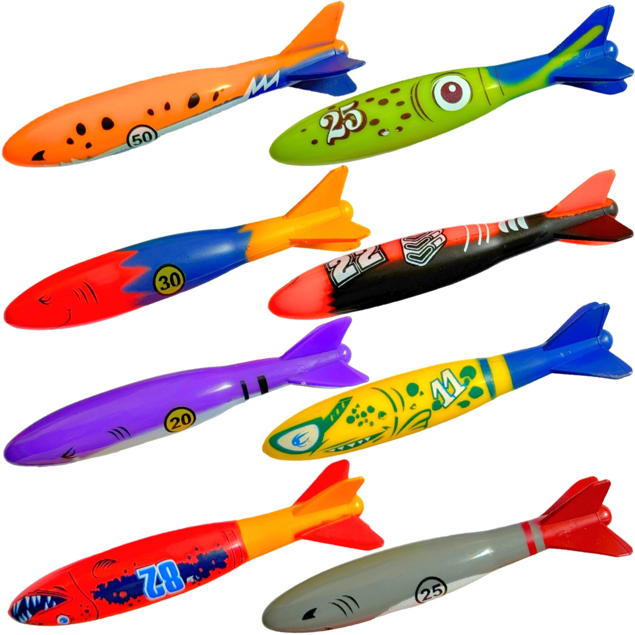 Haktoys 8-Pack Diving Torpedo Pool Toys – Underwater Gliding Swim Toys for Kids & Adults | Shark Torpedo Dive Toys for Swimming Training, Pool Games & Summer Fun – Perfect for Backyard Pools, Beach Trips & Water Sports Activities