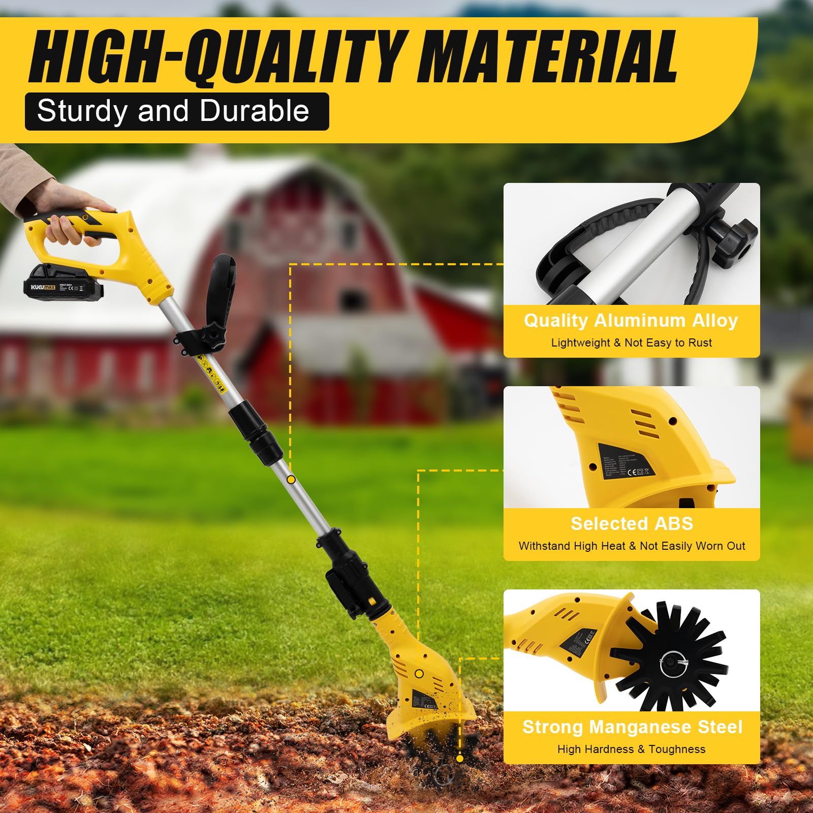 20V Cordless Electric Garden Tiller Cultivator with Steel Tines - Battery Powered Handheld Mini Tiller for Gardening - 3-4FT Adjustable Pole, 6.3