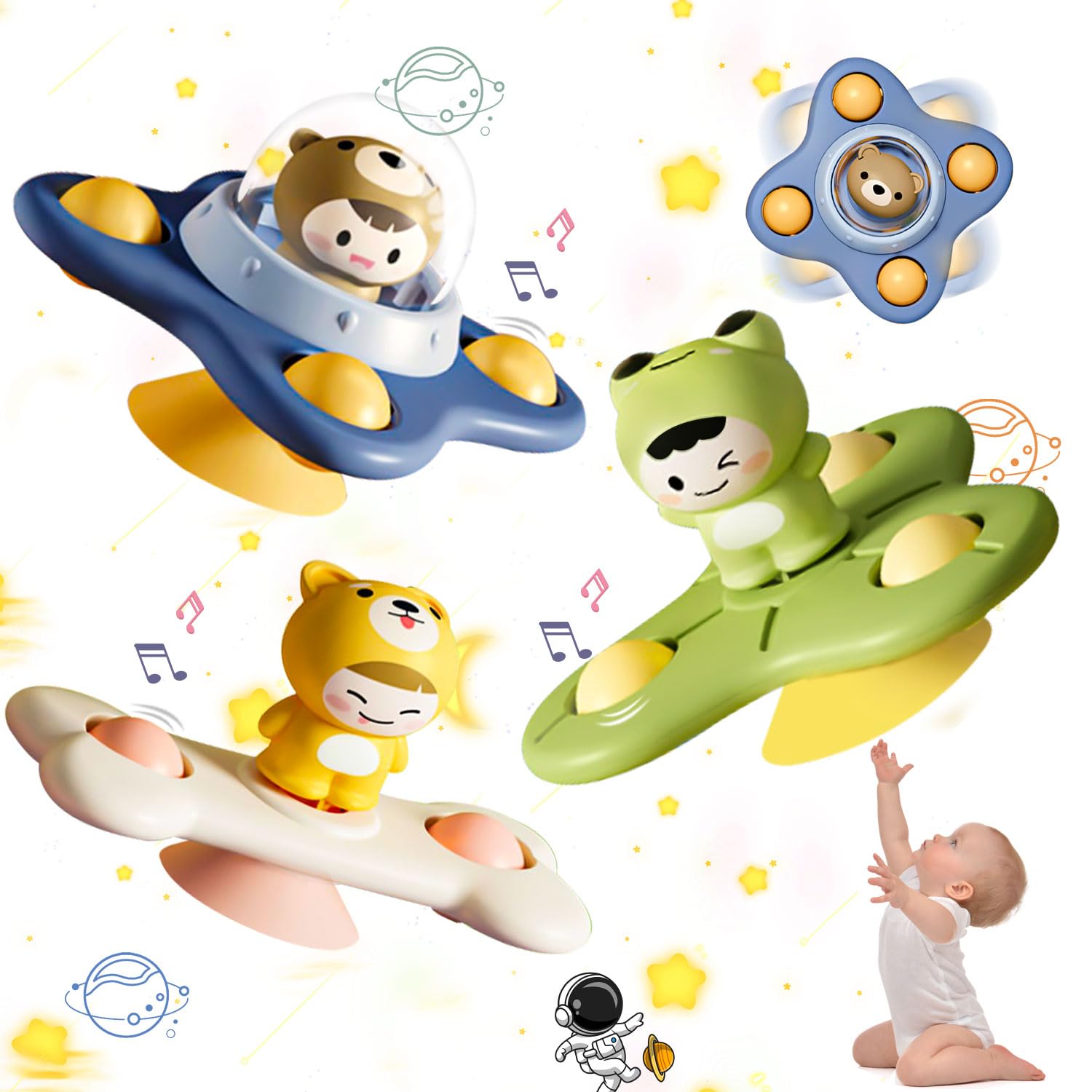 3Pcs Baby Suction Cup Spinner Toy - Bath & Travel Sensory Toys for 1-2 Year Olds - Window Play for Toddlers