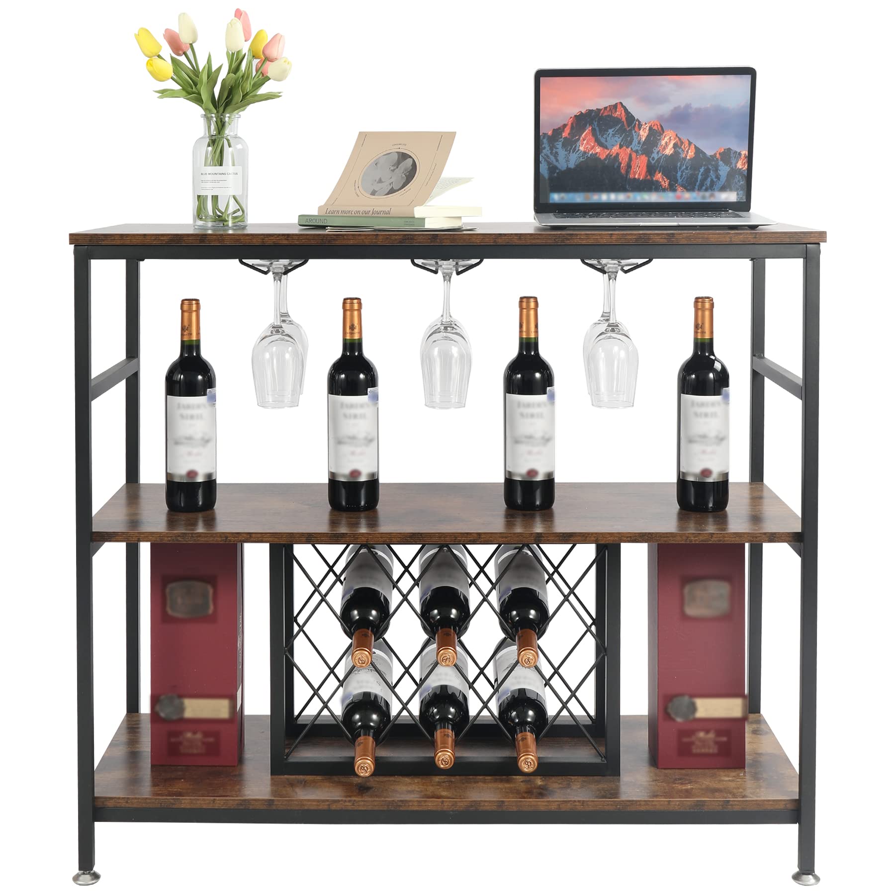 AKVOMBI 3-Tier Industrial Wine Rack Table with Glass Holder - Rustic Brown Bar Table for Kitchen, Dining Room & Home Decor | Perfect for Wine Storage, Entertaining & Small Space Living