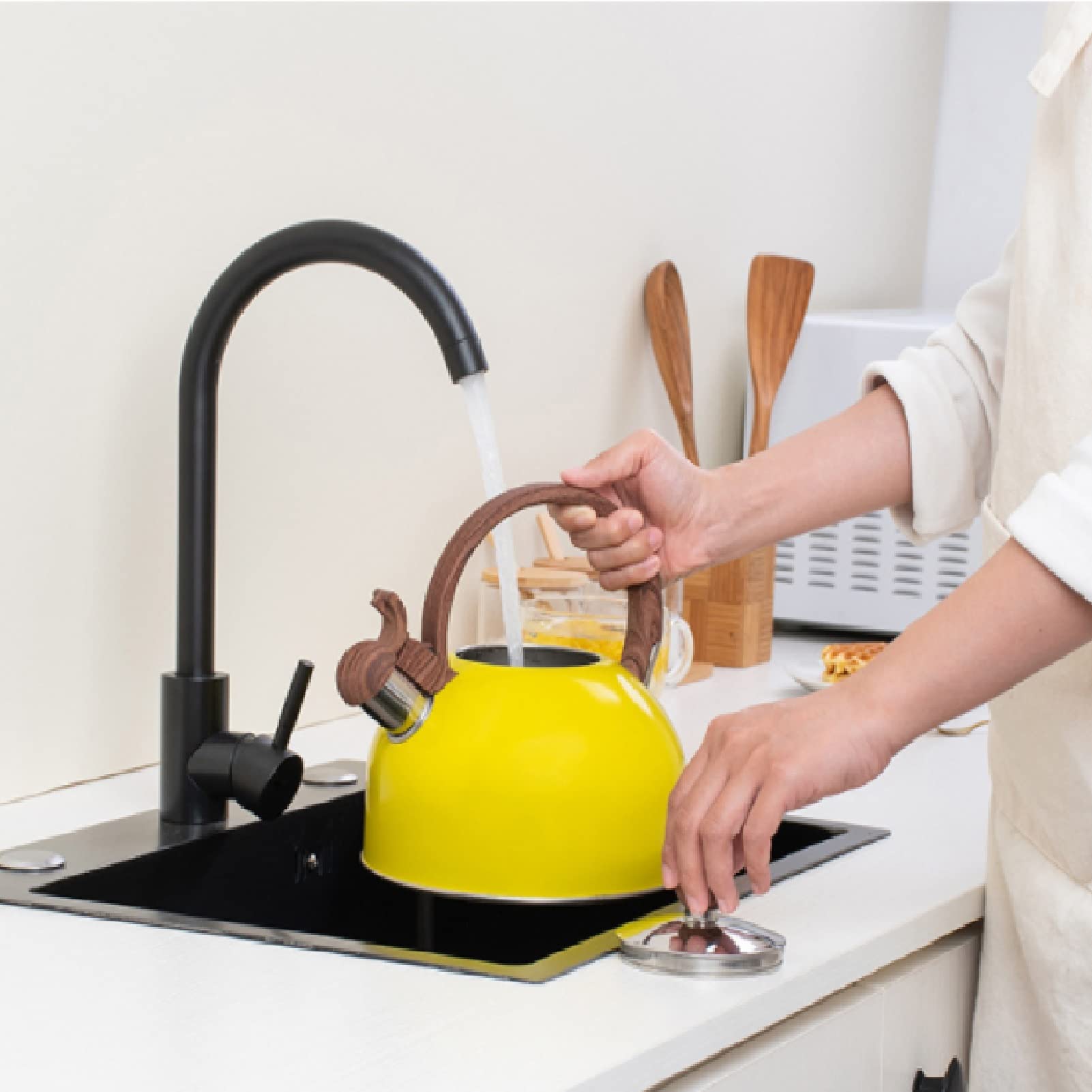 Premium 2.5L Stainless Steel Whistling Tea Kettle for Stovetop - Wood Grain Handle with Loud Whistle - Yellow - Perfect for Home, Office & Camping Tea Brewing