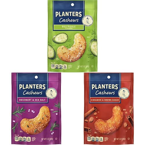 PLANTERS Cashews Variety Pack - Dill Pickle, Rosemary Sea Salt & Cinnamon Brown Sugar Flavored (3 Pack, 5 oz Each) | Healthy Snacks for Parties, Office & Road Trips