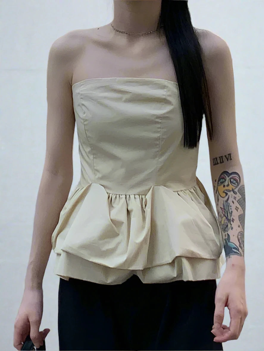 Strapless Apricot Women's Camisole - Sexy Ruffled Sleeveless Top for Casual Office Wear & Street Fashion | Perfect for Work, Date Nights & Summer Outfits