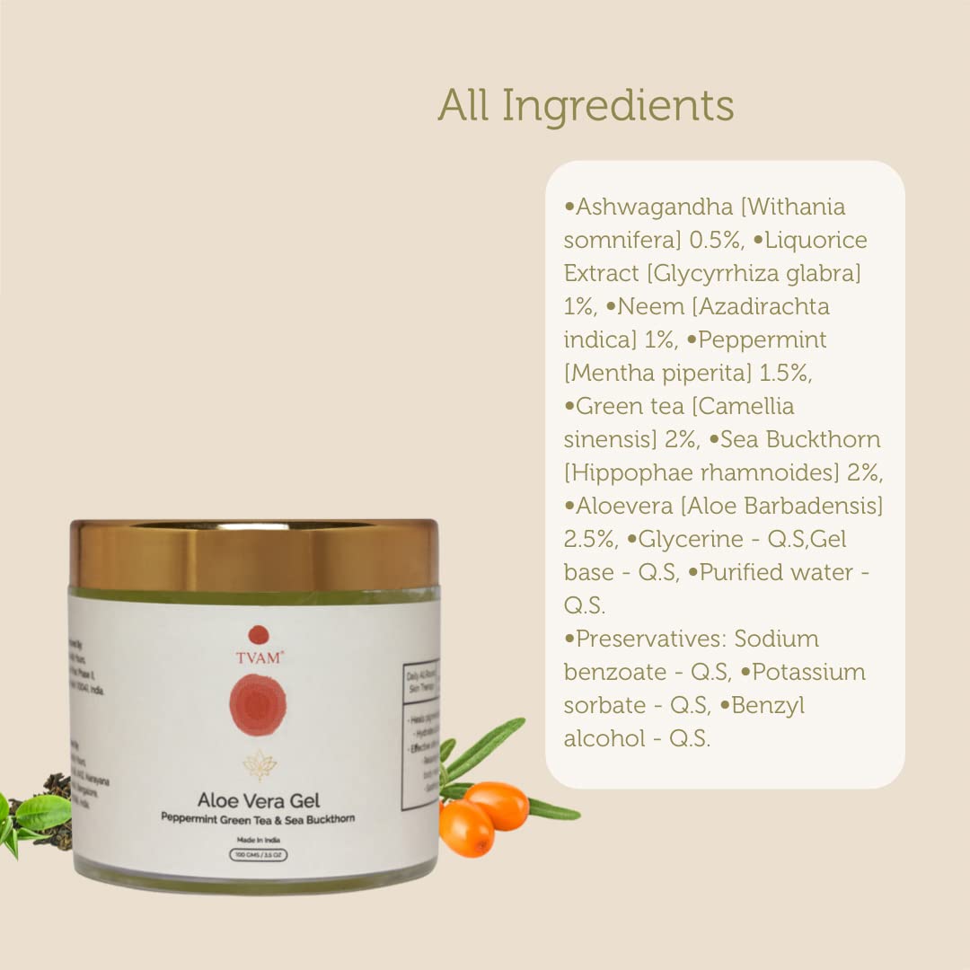 TVAM Peppermint Green Tea & Sea Buckthorn Aloe Vera Gel - Hydrating Face Moisturizer for Normal to Oily Skin | Treats Dryness, Sun Damage, Wrinkles & Dullness | 100g | Perfect for Daily Skincare Routine & Post-Sun Care