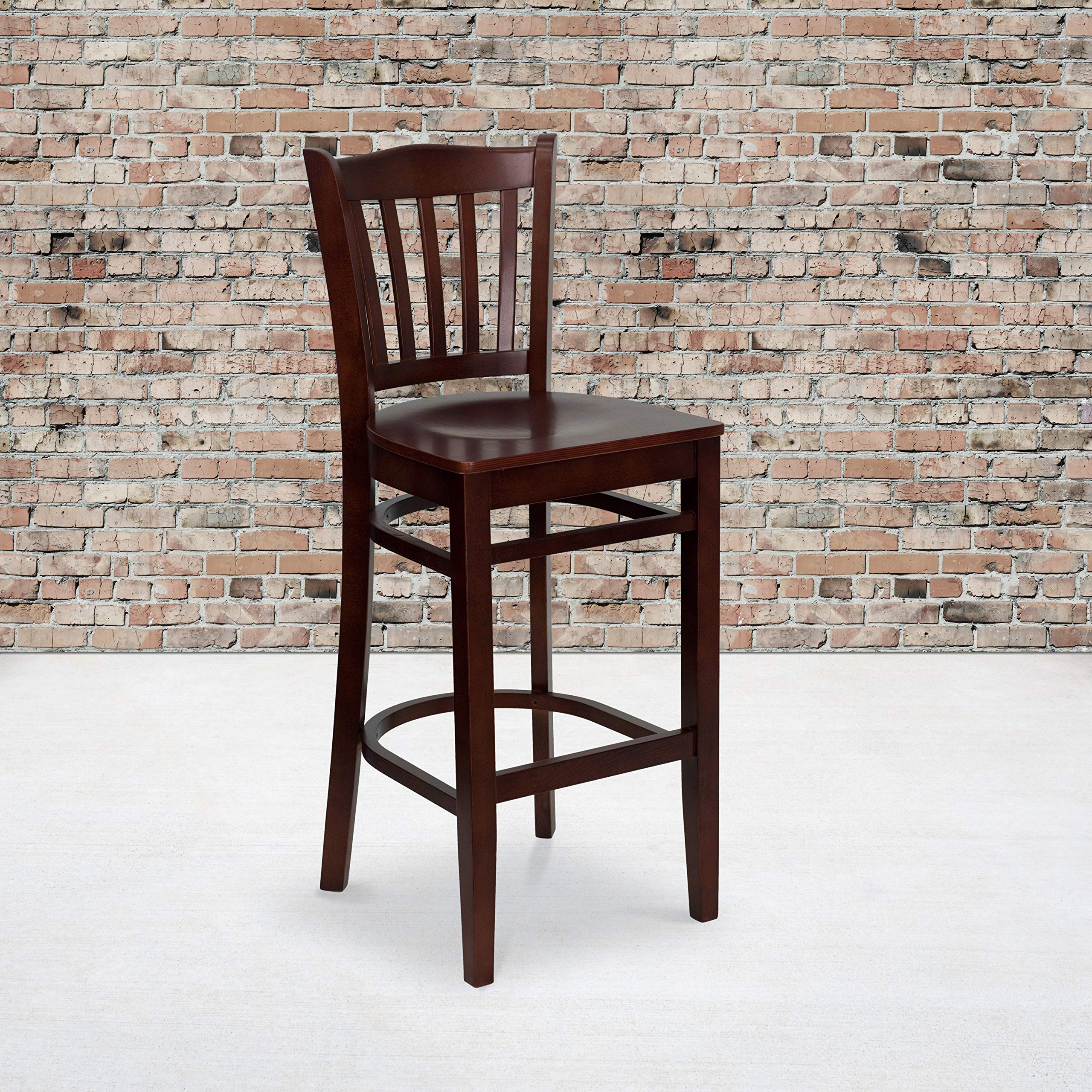 2 Pack Mahogany Wood Bar Stools with Slat Back & Footrest - Durable Restaurant & Kitchen Counter Stools for Home, Bar, Cafe, and Dining Room Use