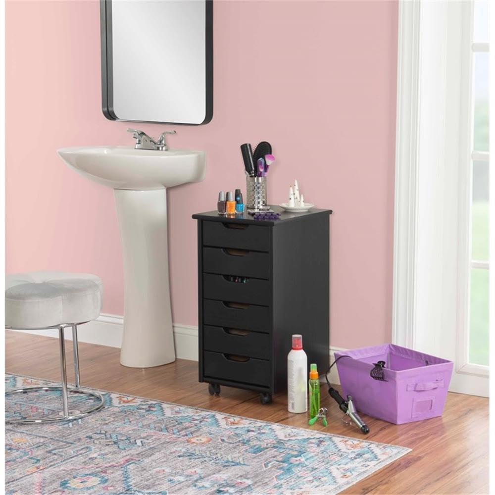 Mid Century Modern 6-Drawer Wood Dresser with Wheels - Black Rolling Storage Cabinet, Mobile Organizer Cart for Bedroom, Office, Living Room (15.35