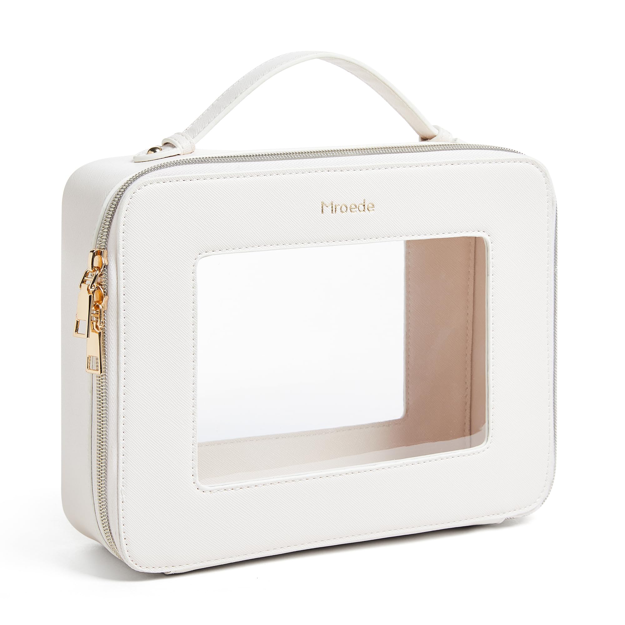 Clear Makeup Bag for Travel - Large Transparent Toiletry Organizer with Handle, Portable Cosmetic Storage for Women | Perfect for Airplane Carry-on, Gym Essentials & Car Organization (Beige)