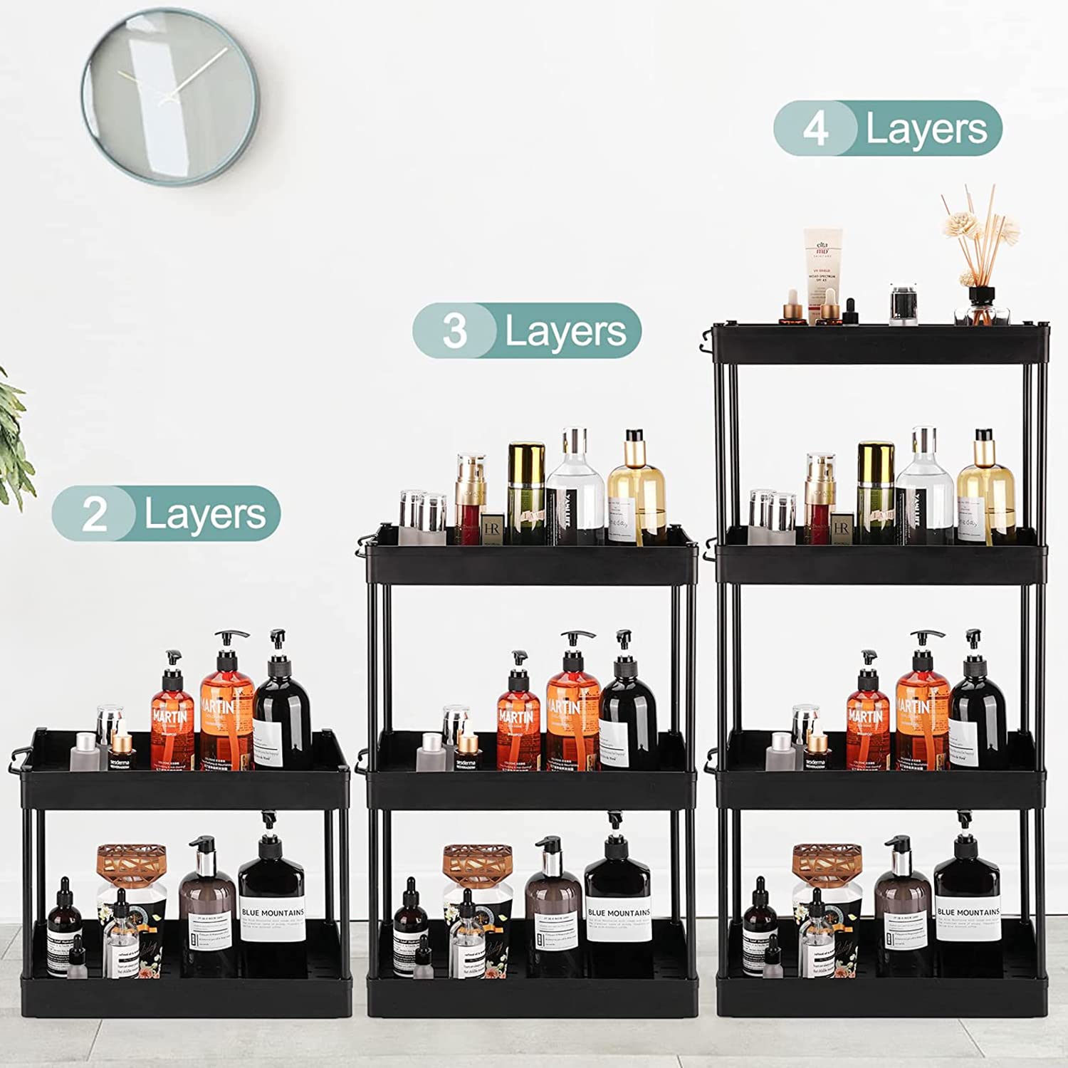 2-Tier Under Sink Organizer with 6 Hooks & Collection Basket - Space Saving Kitchen Cabinet Storage for Bathroom & Kitchen - Perfect for Sponges, Cleaning Supplies & Toiletries (1 Pack)