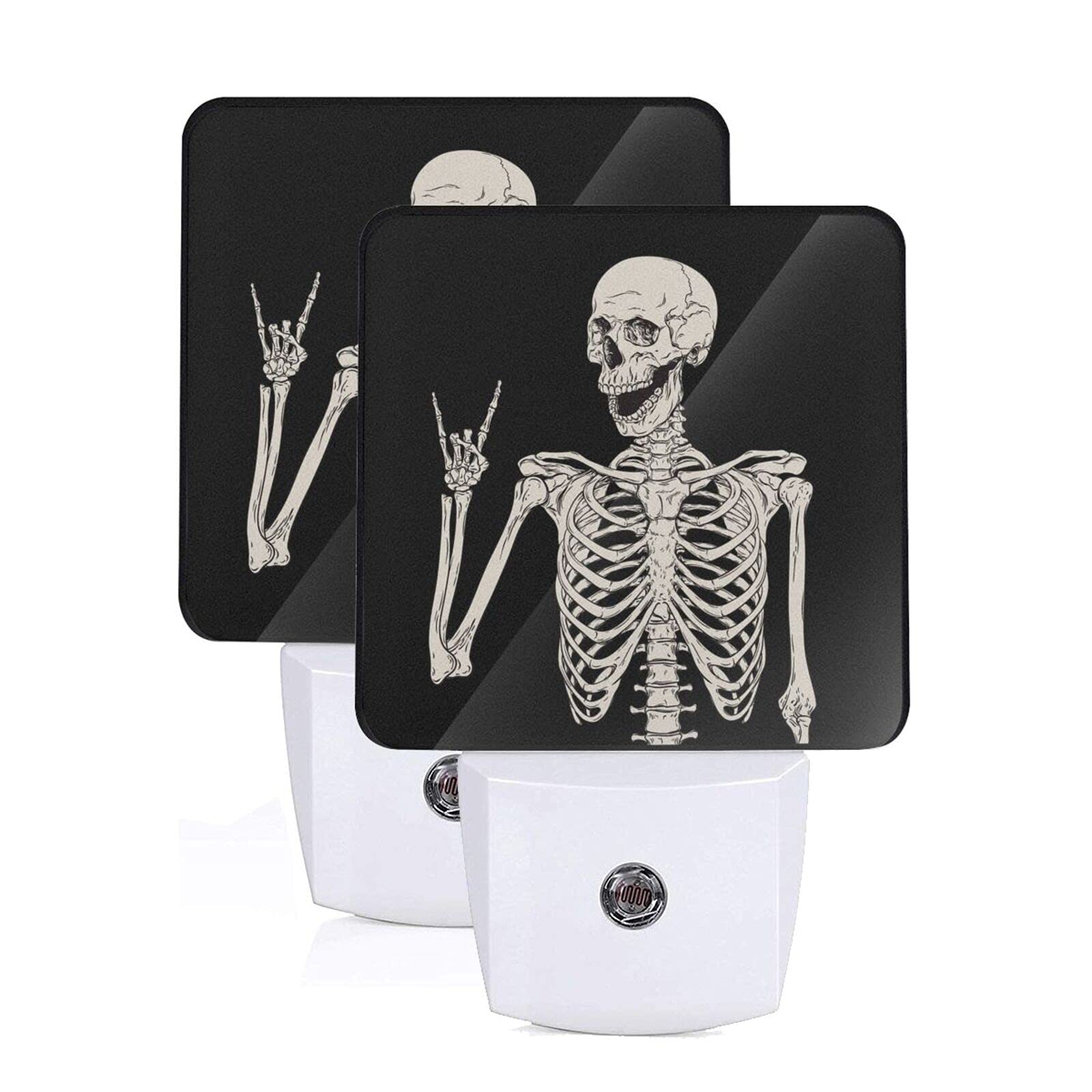 Boho Skeleton Skull Night Light Set of 2 - Auto Sensor LED Plug-in Lamp with Dusk-to-Dawn Feature for Bedroom, Bathroom, Kitchen, Hallway & Stairs - Perfect for Halloween Decor, Gothic Home Decor and Spooky Room Ambiance