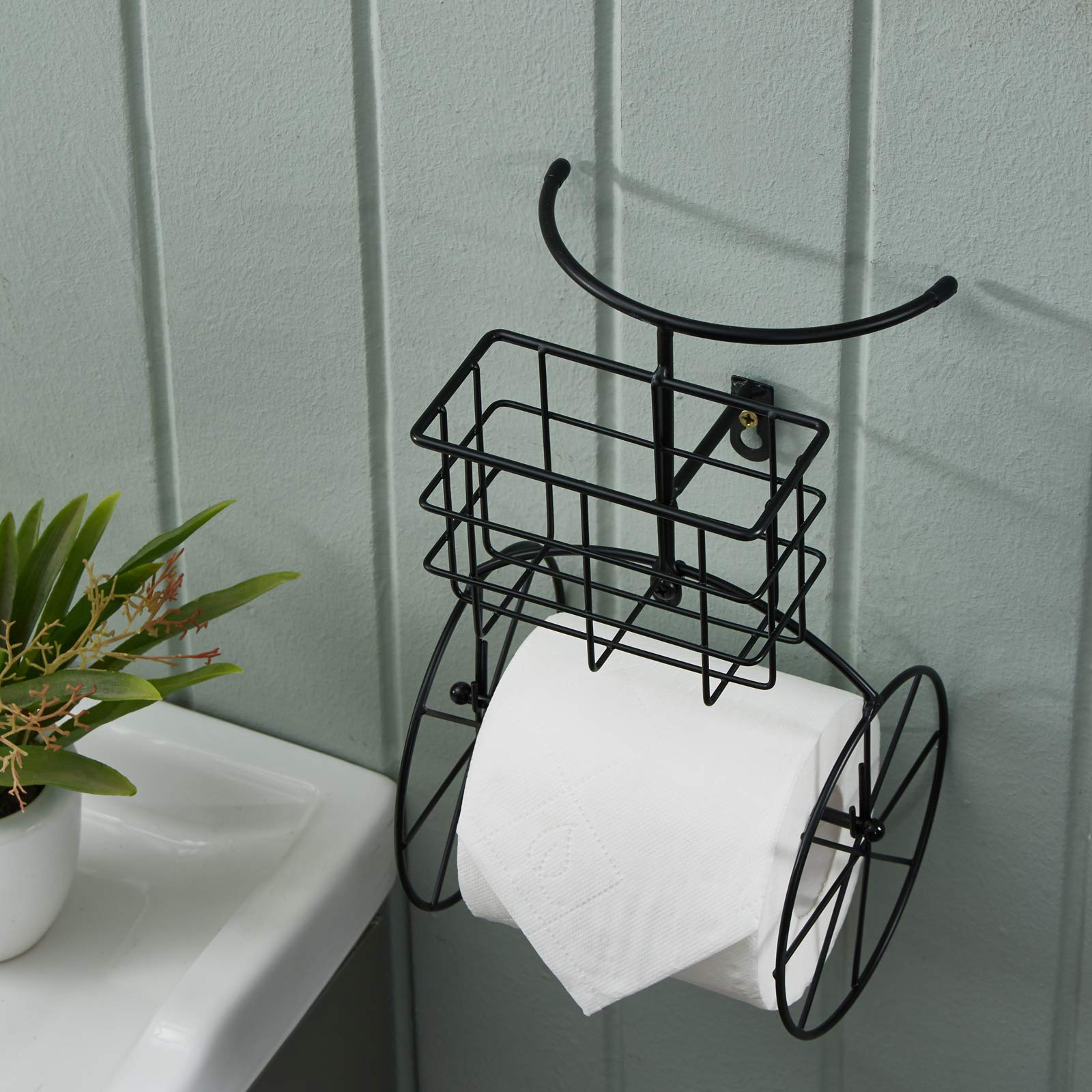 Jancin Black Metal Bicycle Toilet Paper Holder with Shelf - Bathroom Storage Wall Mount Paper Towel Rack & Phone Holder - Perfect for Small Spaces, RV, Apartment & Farmhouse Decor