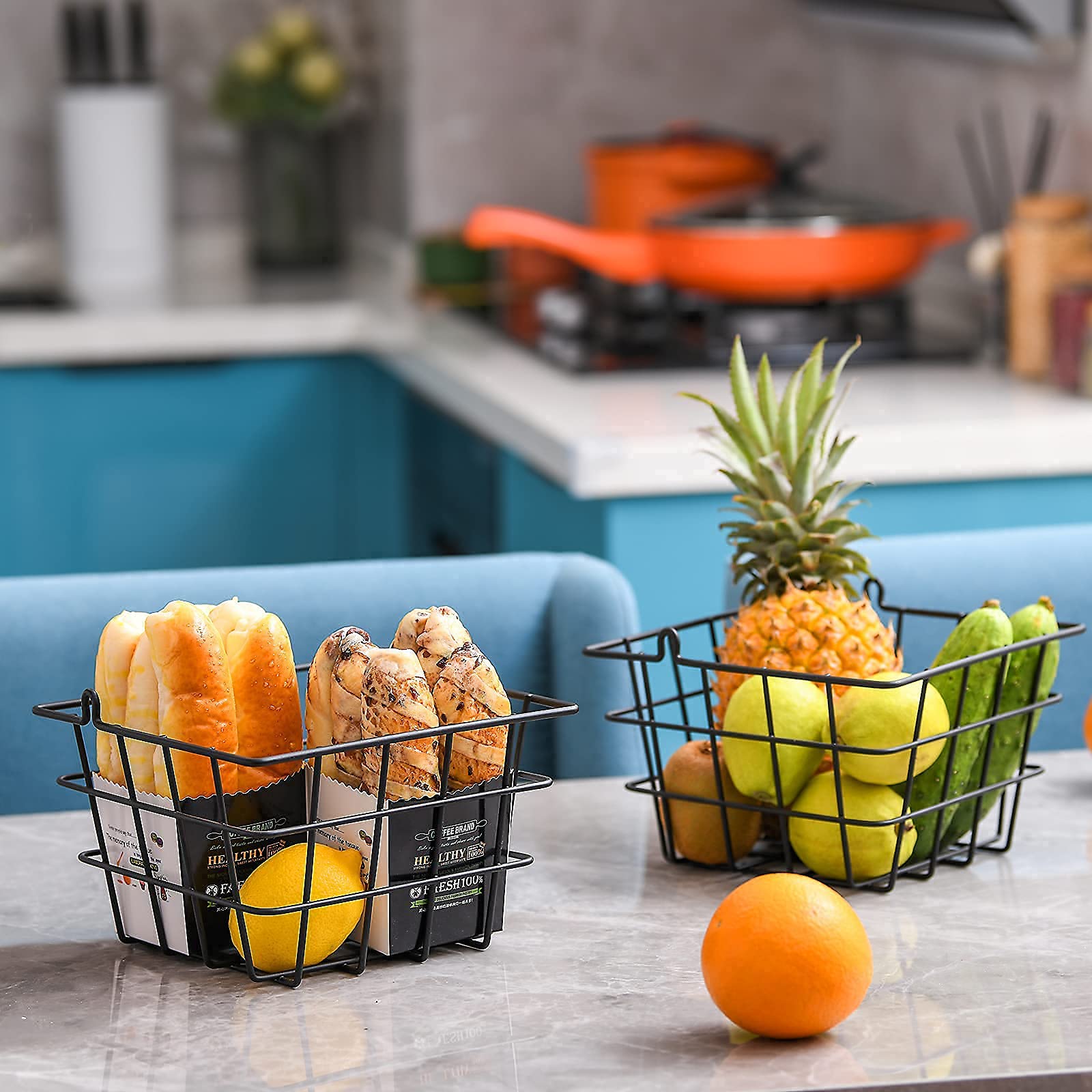 2-Tier Iron Fruit Basket for Kitchen Counter - Wire Hanging Storage Organizer for Fruits, Vegetables & Bread - Matte Black - Perfect for Pantry, Dining Table & Countertop Organization