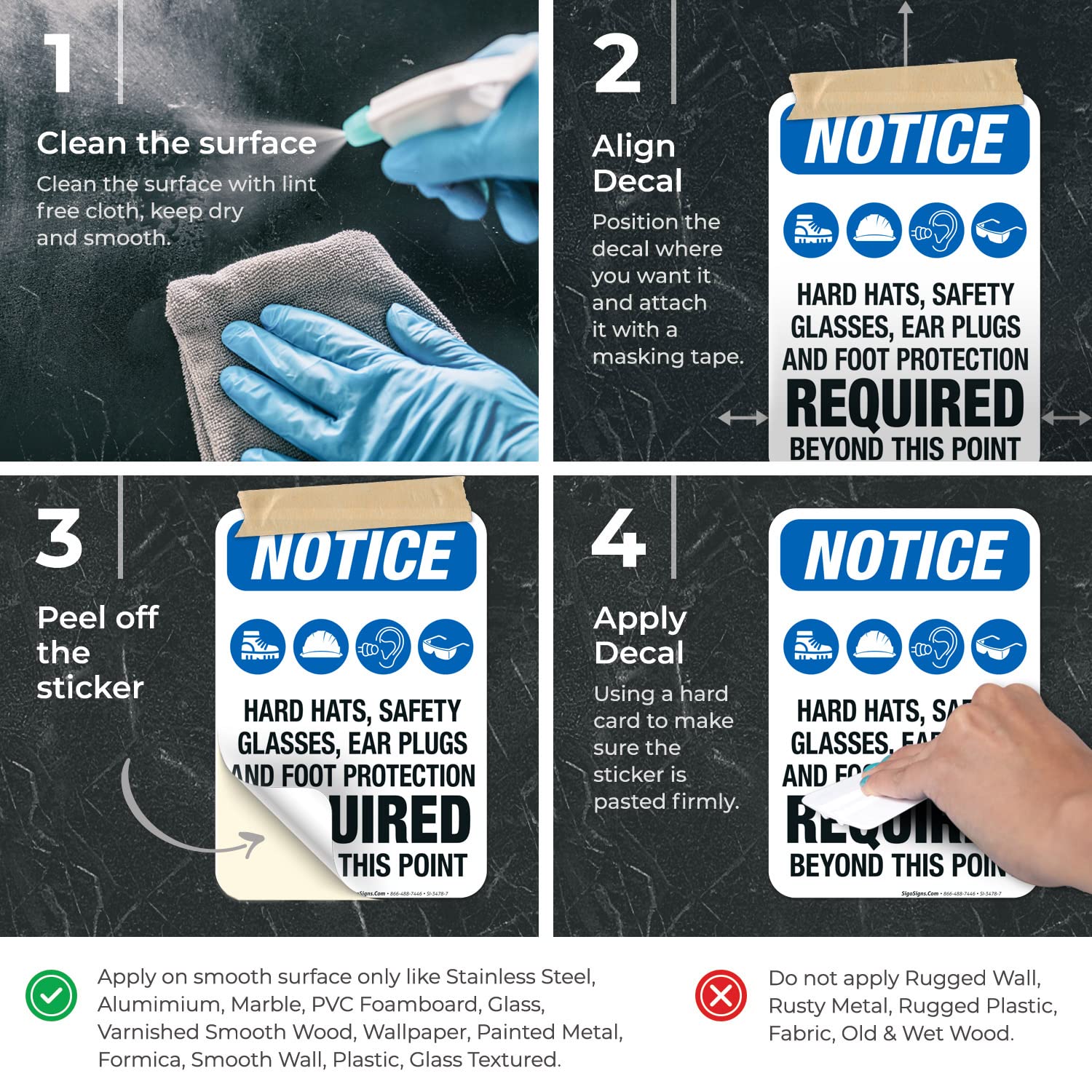 OSHA Safety Sign - 'Hearing Protection, Safety Glasses & Foot Protection Required' - 10x7 Inches, 4 Mil Vinyl Decal - Weatherproof, UV Resistant, Long Lasting - Made in USA - Perfect for Construction Sites, Factories & Industrial Workplaces