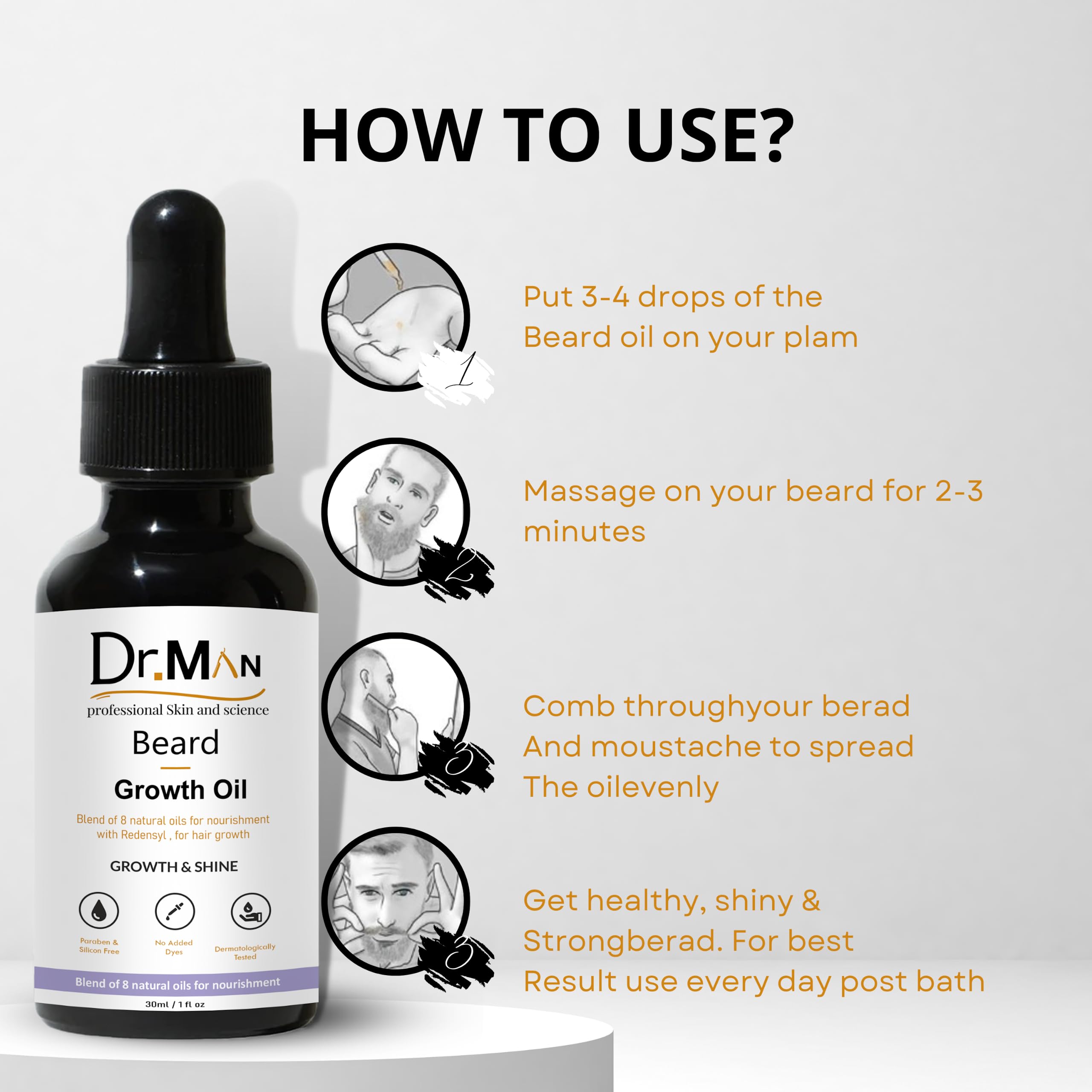 Dr.Man Professional Beard Growth & Shine Oil - 30ml Natural Beard Care for Men - Promotes Thicker, Healthier Facial Hair - Perfect for Daily Grooming & Styling Routine