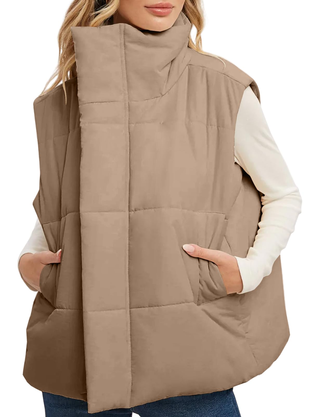 Fazortev Women's Oversized Puffer Vest - Zip Up Stand Collar Sleeveless Padded Jacket Coat for Winter Outdoor Activities, Hiking & Casual Wear