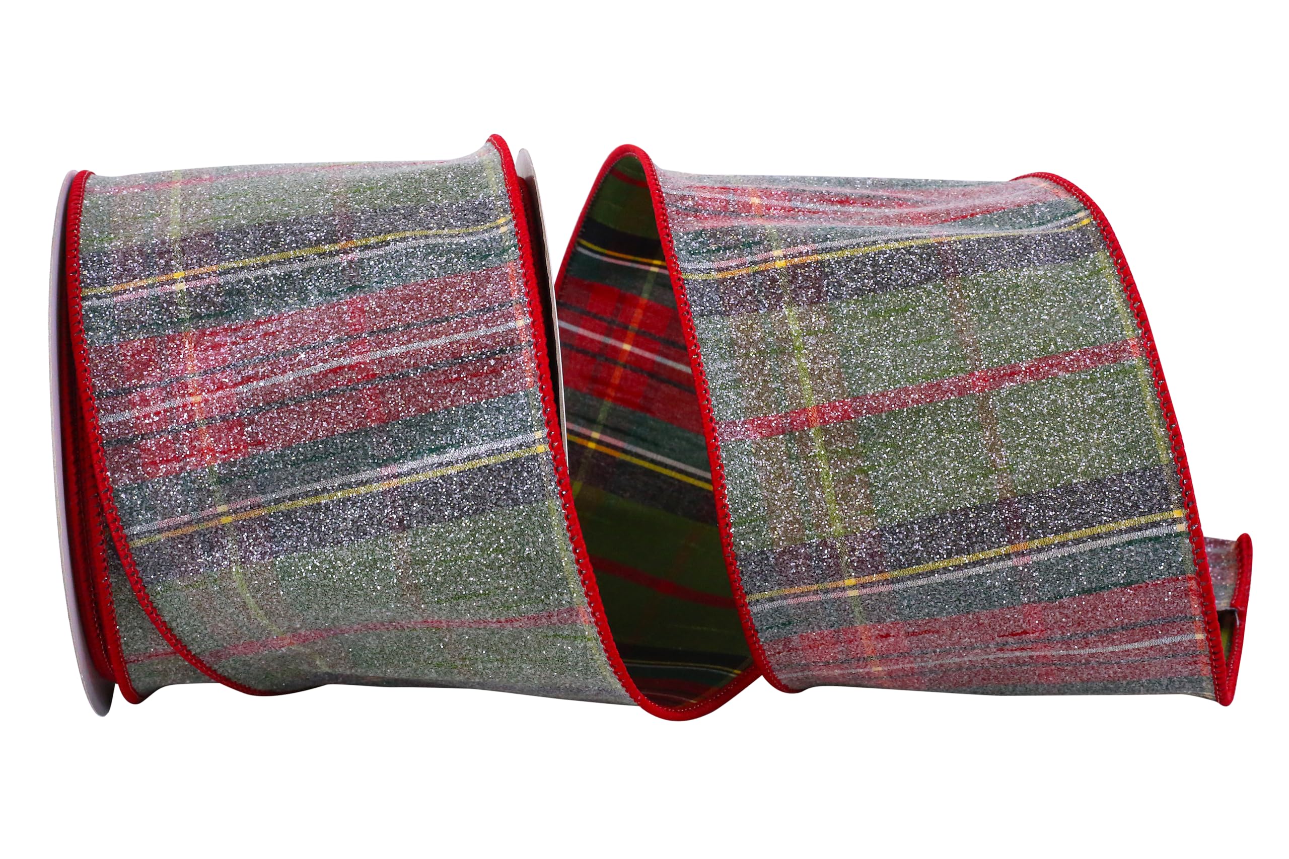 Reliant 4 Inch x 10 Yards Frosted Greensboro Plaid Dupioni Silk Ribbon - Green/Red Checkered Pattern for Gift Wrapping, DIY Crafts, Wedding Decorations & Holiday Bows