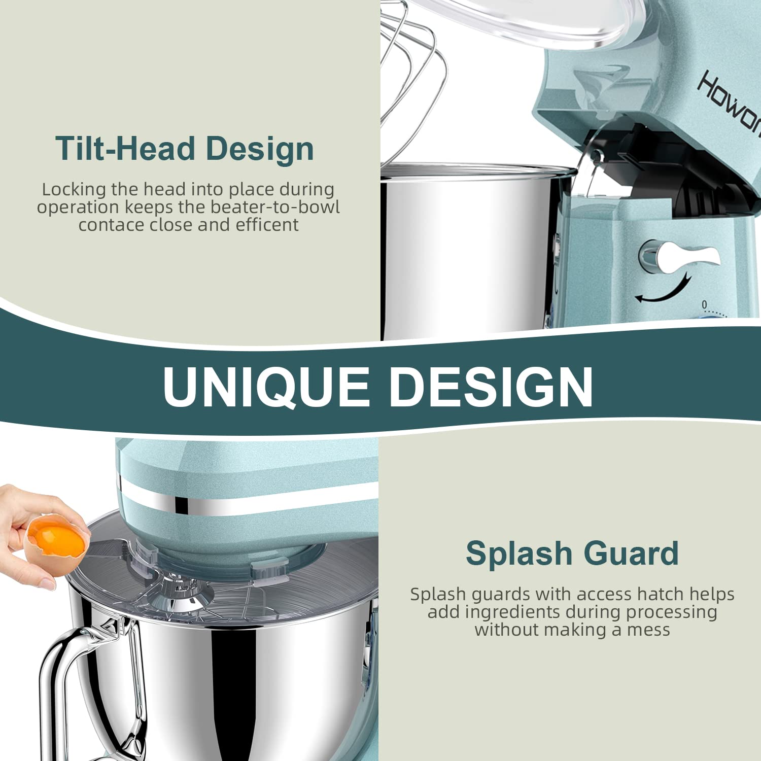 HOWORK 6.5QT Stand Mixer - 10+ Speed Electric Kitchen Mixer with Stainless Steel Bowl, Dough Hook, Wire Whip & Beater - Perfect for Baking, Cooking, Meal Prep & Home Kitchen Use (Blue)