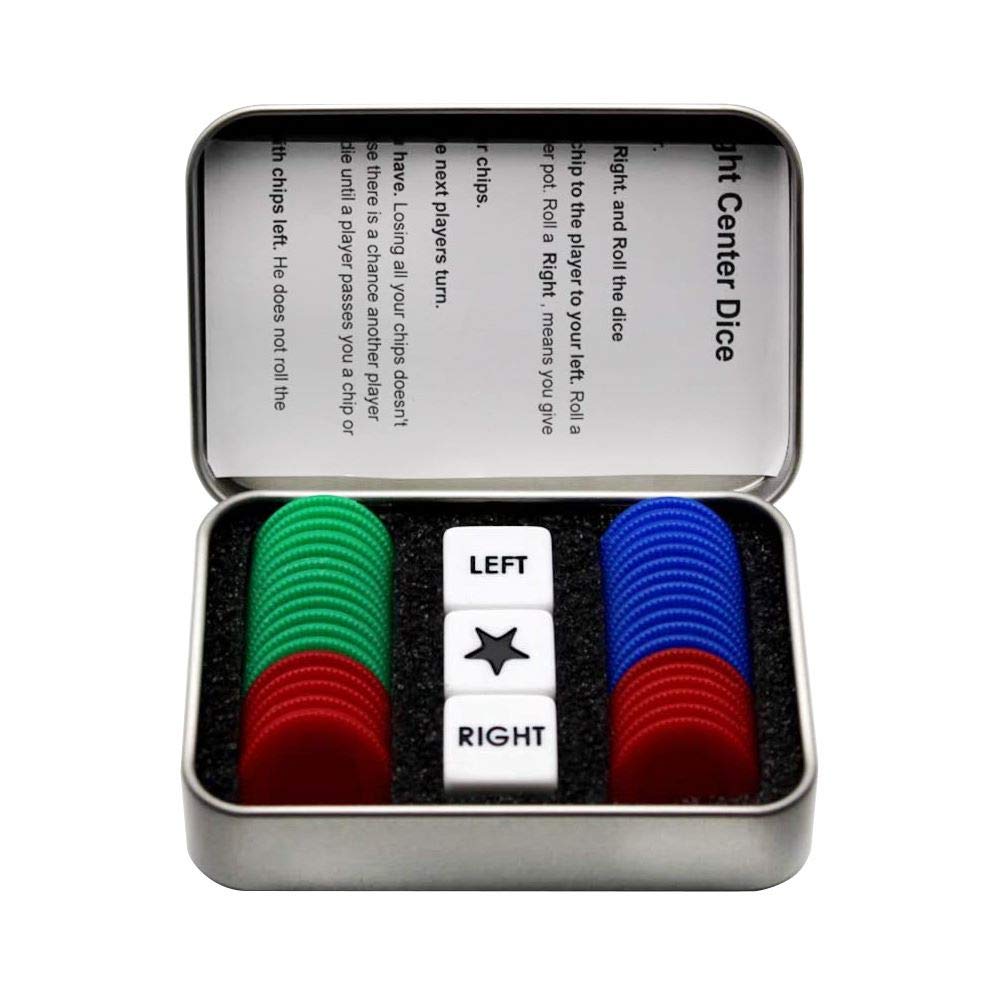 Right Left Center Dice Game Set with 3 Dice & 36 Colorful Chips - Fun Party Game for Family Gatherings, Game Nights and Travel Entertainment