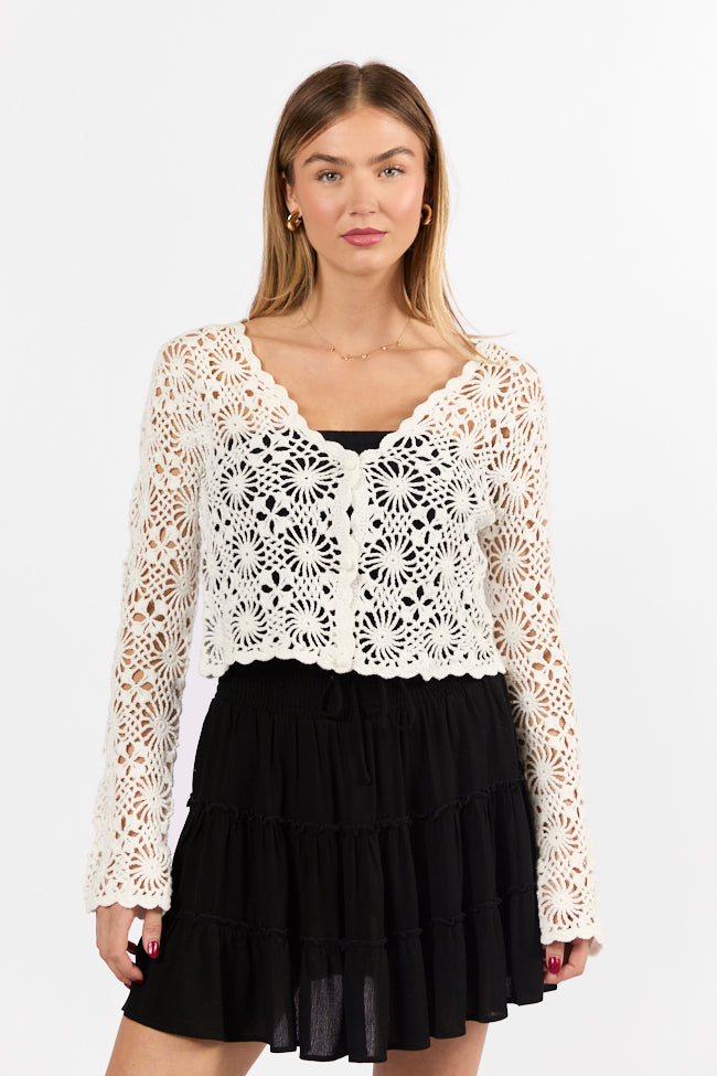 Elegant Ivory Crochet Cardigan for Women - Long Sleeve Lace Knit Sweater | Perfect for Weddings, Date Nights & Fall Layering