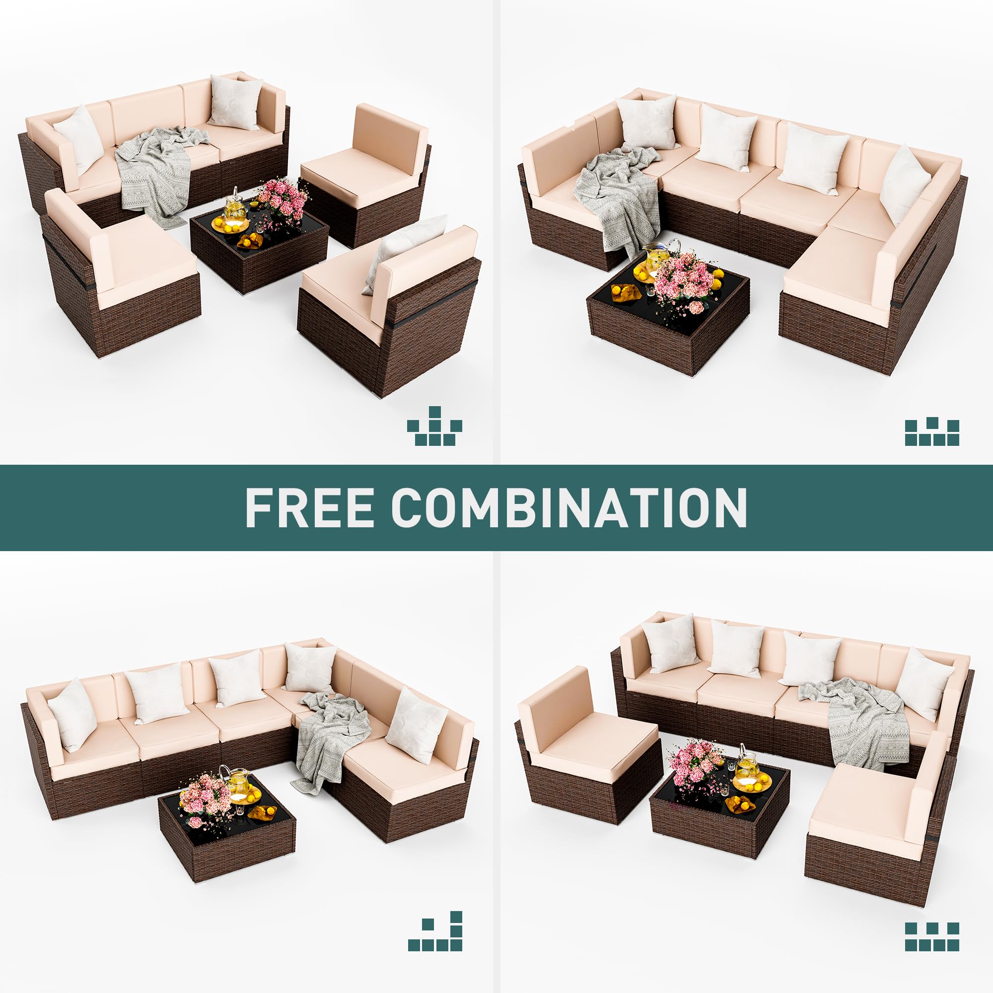 7-Piece Modular Outdoor Sectional Sofa Set - Brown Rattan Patio Furniture with Beige Washable Cushions & Coffee Table - Perfect for Backyard, Garden, Poolside & Outdoor Conversations