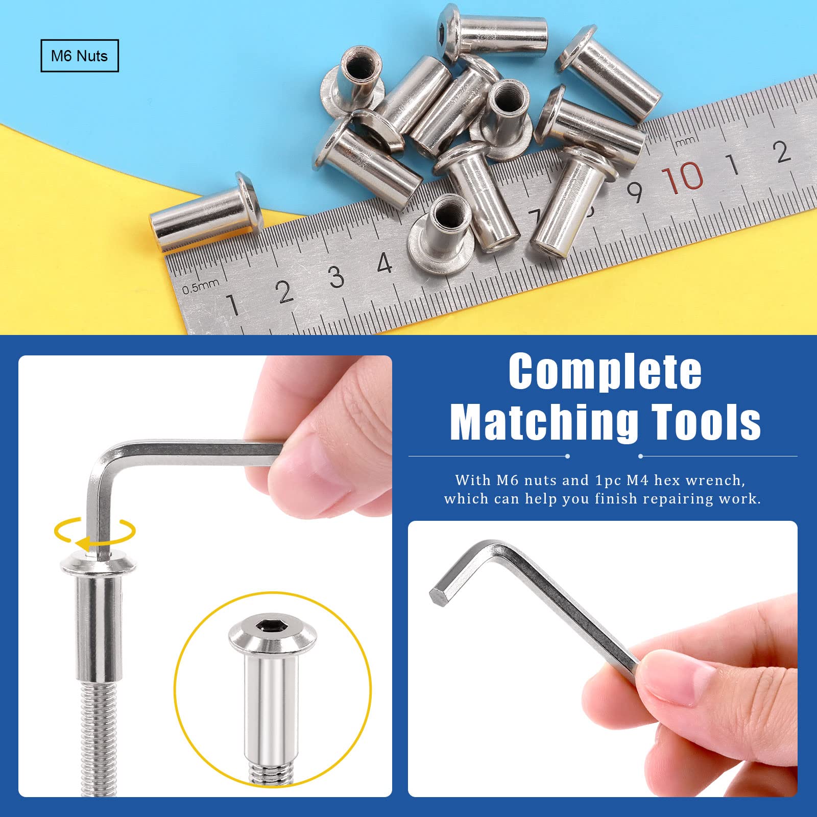 Glarks 141Pcs M6 Hex Bolt Kit - 14 Sizes Nickel-Plated Screws for Furniture & Crib Repair