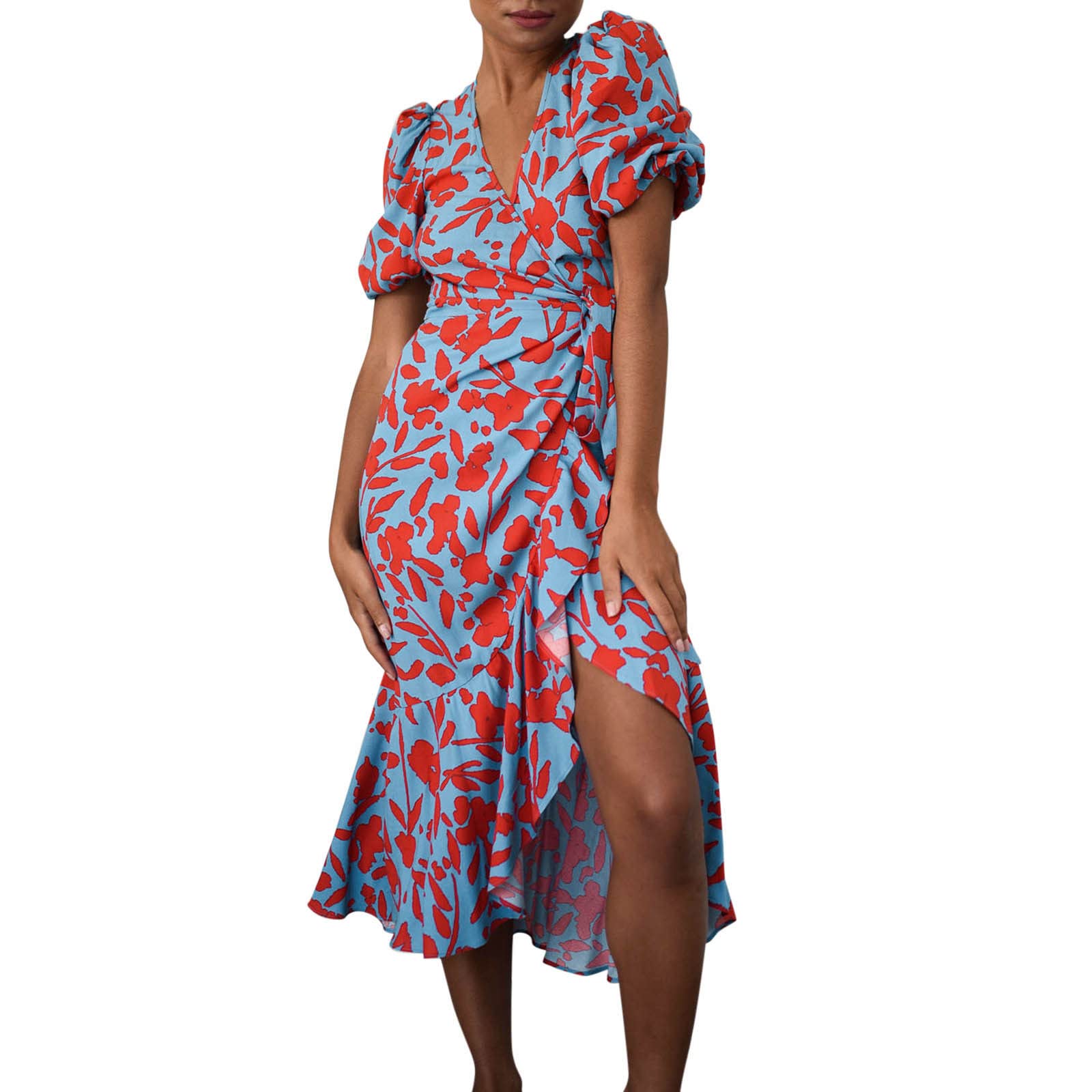 Bohemian Floral Print Wrap V-Neck Short Sleeve Maxi Dress for Women - White Knee-Length Summer Party Dress | Perfect for Beach Vacations, Music Festivals & Date Nights
