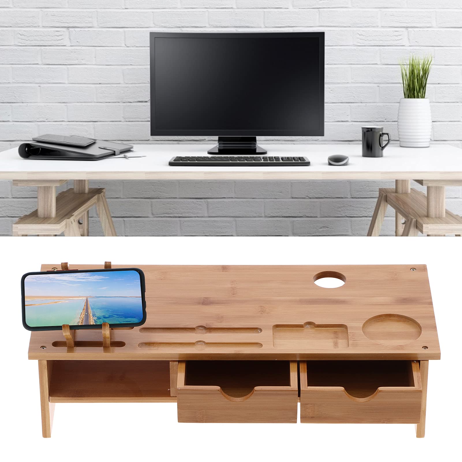BigKing Bamboo Monitor Stand Riser with 2 Drawers - Home & Office Desktop Organizer for Computer, Laptop, Printer & Cellphone - Perfect for Workspace Organization & Ergonomic Setup