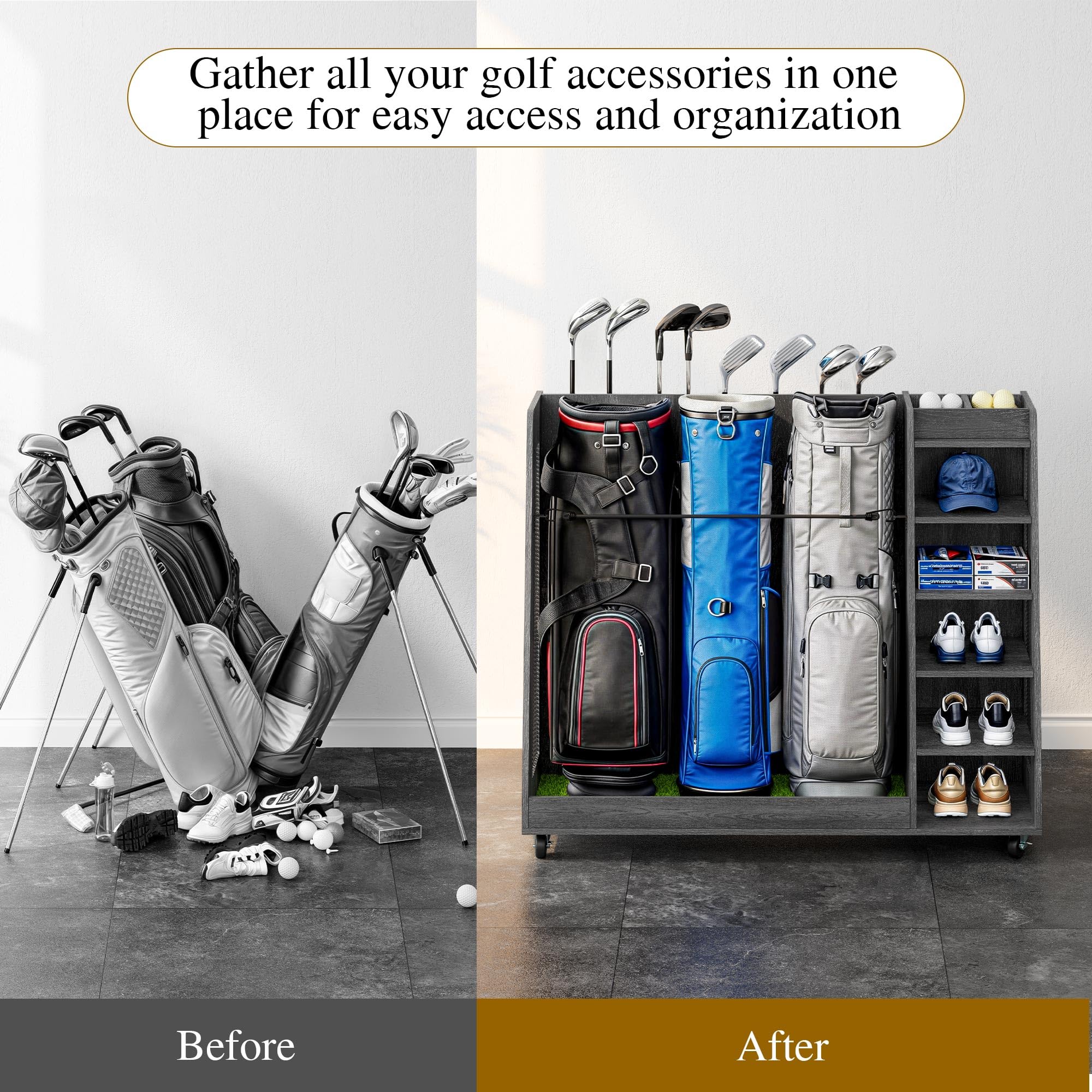 YITAHOME Wooden Golf Bag Organizer - Rolling Storage Stand for Golf Bags, Clubs, Balls & Accessories - Holds 2-3 Golf Bags - Perfect for Garage & Home Golf Equipment Organization - Ideal for Golf Enthusiasts & Club Storage Solutions