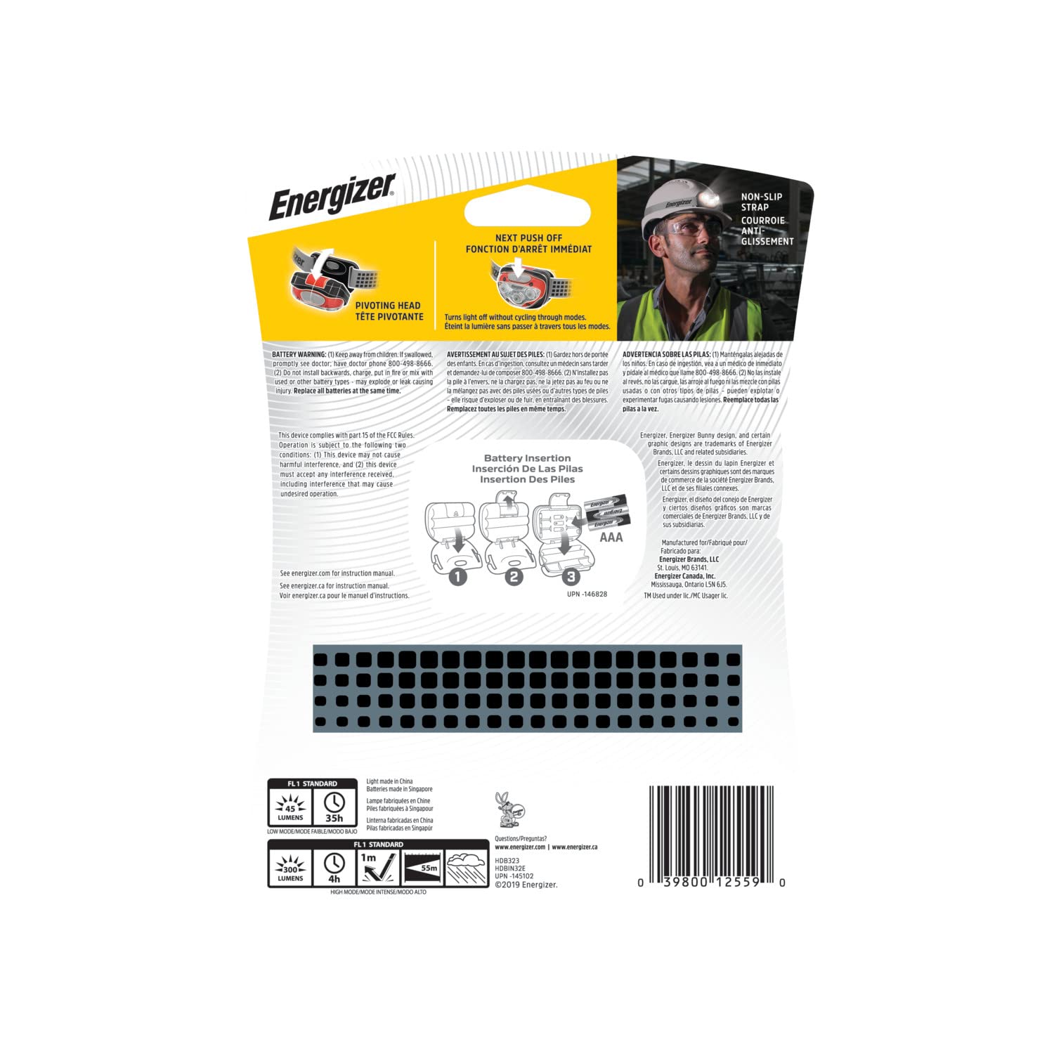 Energizer Industrial Headlamp - Water Resistant LED Hard Hat Light with Bright Beam | Durable Work Headlamp Includes Batteries (Pack of 1) | Perfect for Construction, Mining, Camping & Nighttime Repairs