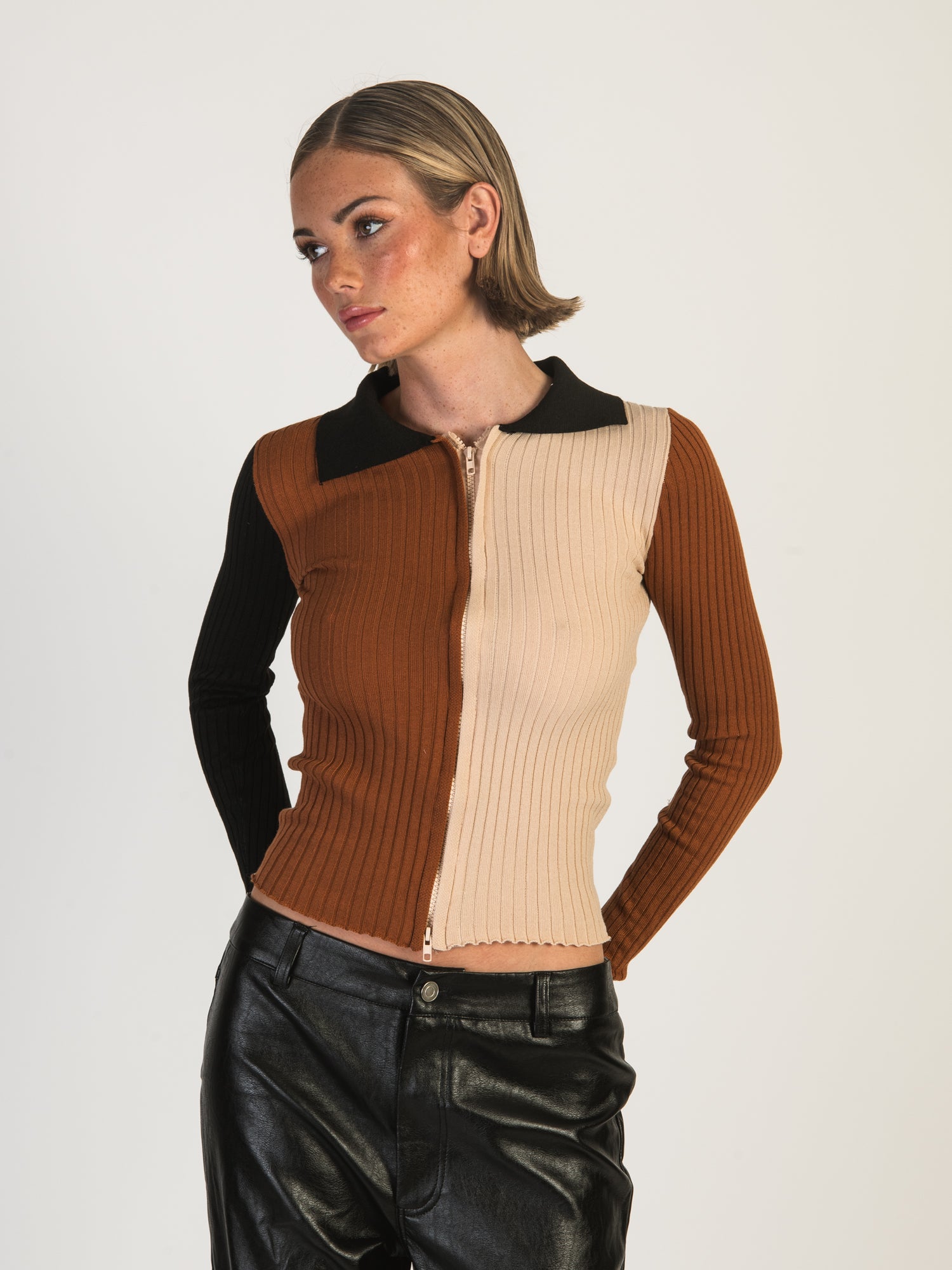 DAISY STREET LTD Color Block Zip Up Knit Sweater Top for Women | Trendy Casual Pullover for Fall & Winter | Perfect for Office, Date Night and Weekend Outings