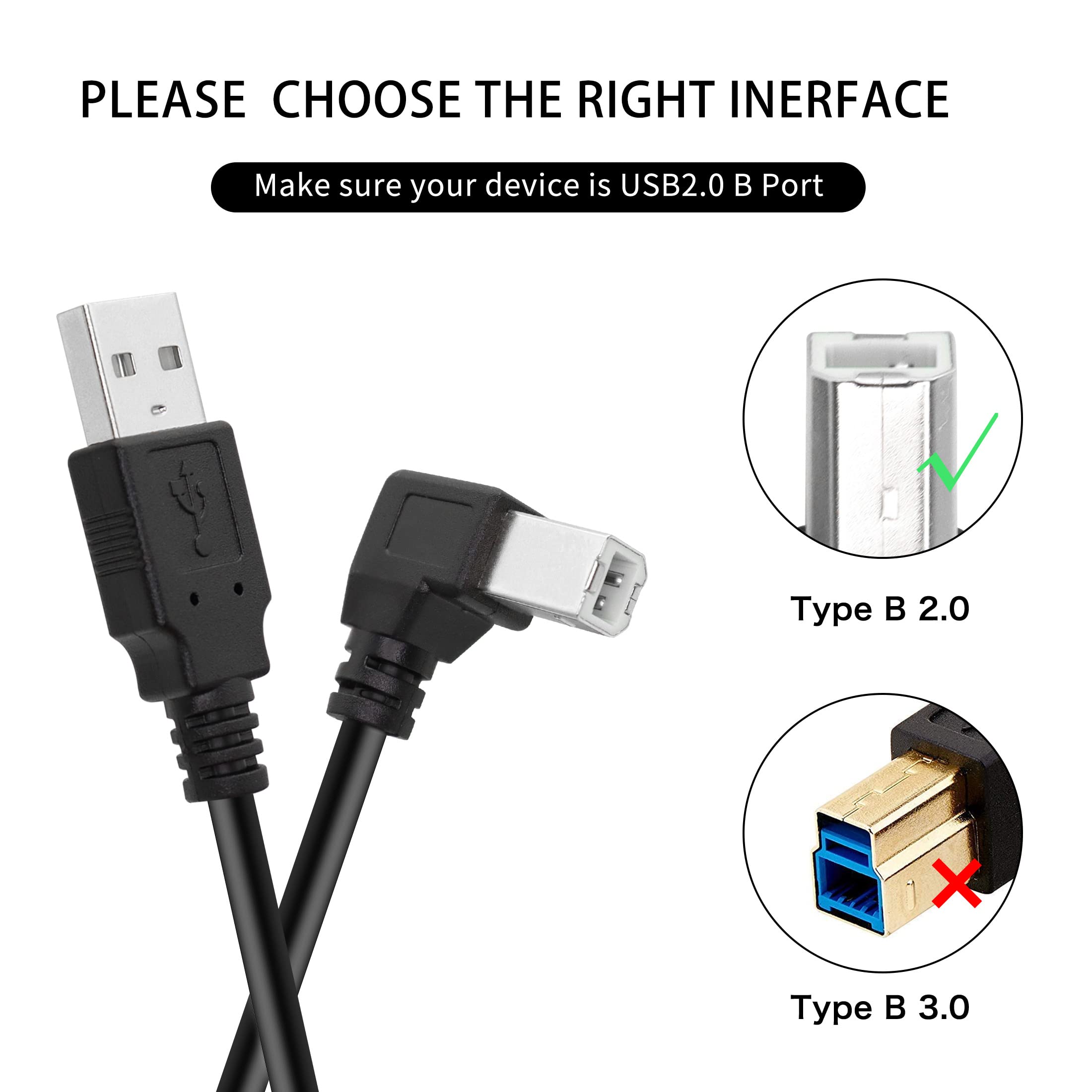 YACSEJAO 90 Degree USB 2.0 Printer Cable - A Male to B Male High Speed 480Mbps Cord for Printers & Scanners - 1.5M Left Angle (Perfect for Home Office, Small Business Printing & Document Scanning)
