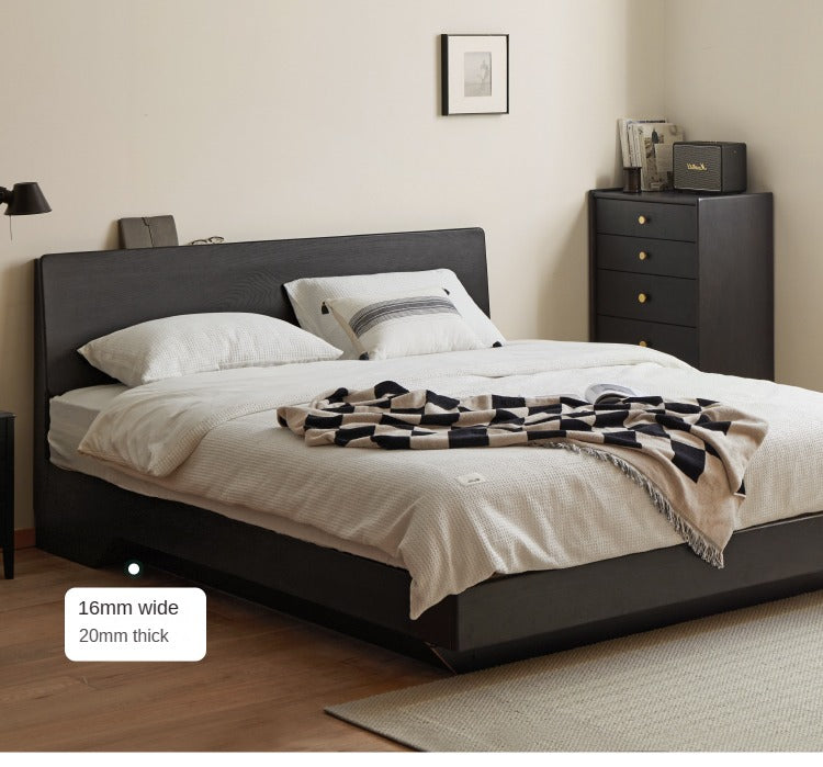 Solid Oak Wood Floating Platform Bed with LED Lights - Modern Smoky Finish for Bedroom, Guest Room, or Studio Apartment