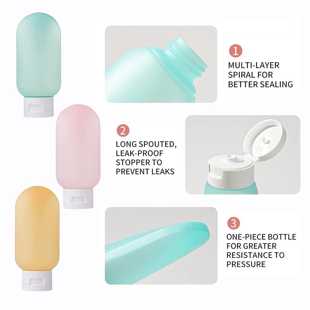 Leak Proof Refillable 60ML Travel Bottles Set with Transparent Carry Bag - Squeezable Toiletry Containers for Shampoo, Lotion & Cosmetics | 3-Piece Multicolor Travel Essentials for Business Trips, Vacations & Gym Use