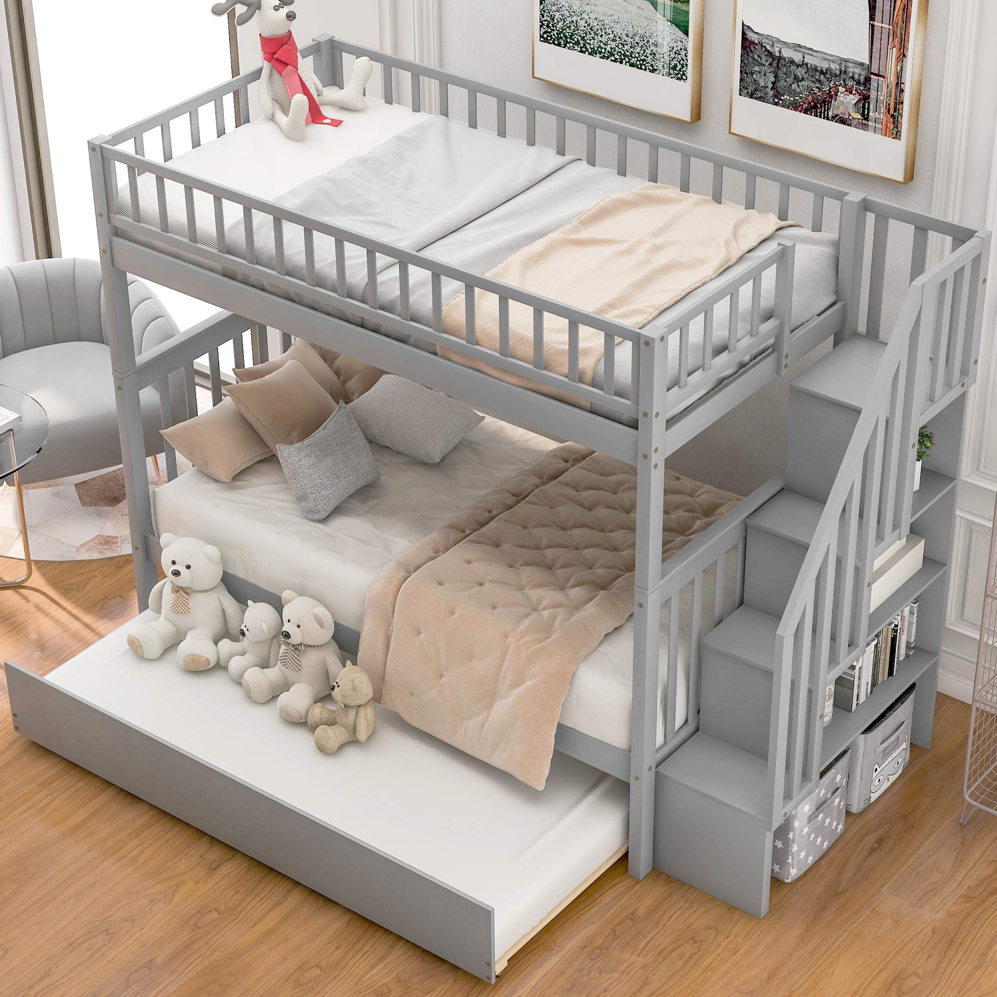 SOFTSEA Twin Over Twin Bunk Bed with Stairs and Trundle - Convertible to 2 Separate Beds, Kids Wooden Stairway Bunk Bed Frame with Storage (Grey) - Perfect for Kids' Bedrooms, Guest Rooms & Space-Saving Solutions