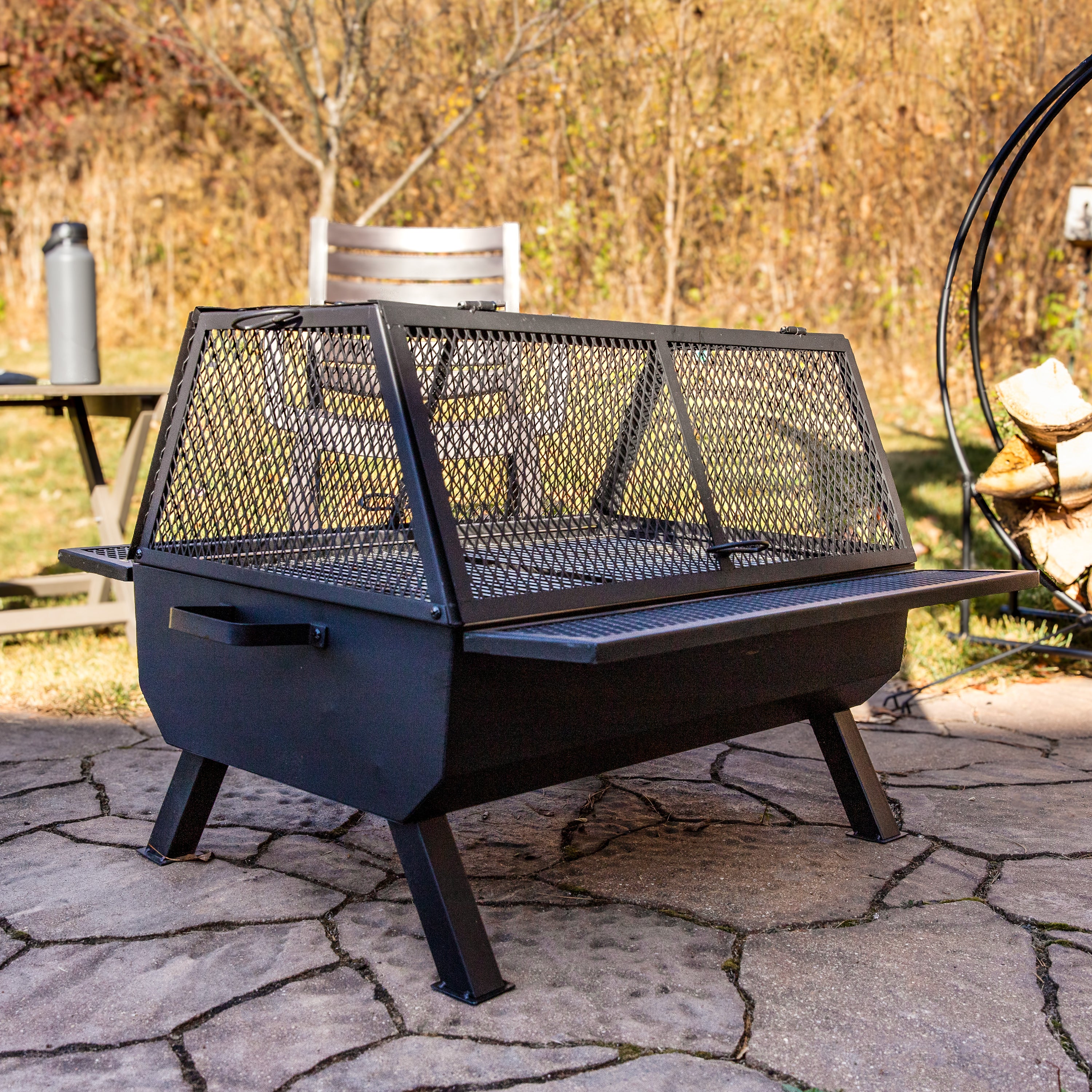 Sunnydaze 36-Inch Outdoor Fire Pit with Grill & Spark Screen - Heavy Duty Steel Backyard Fireplace for Camping, Patio, and Garden Gatherings