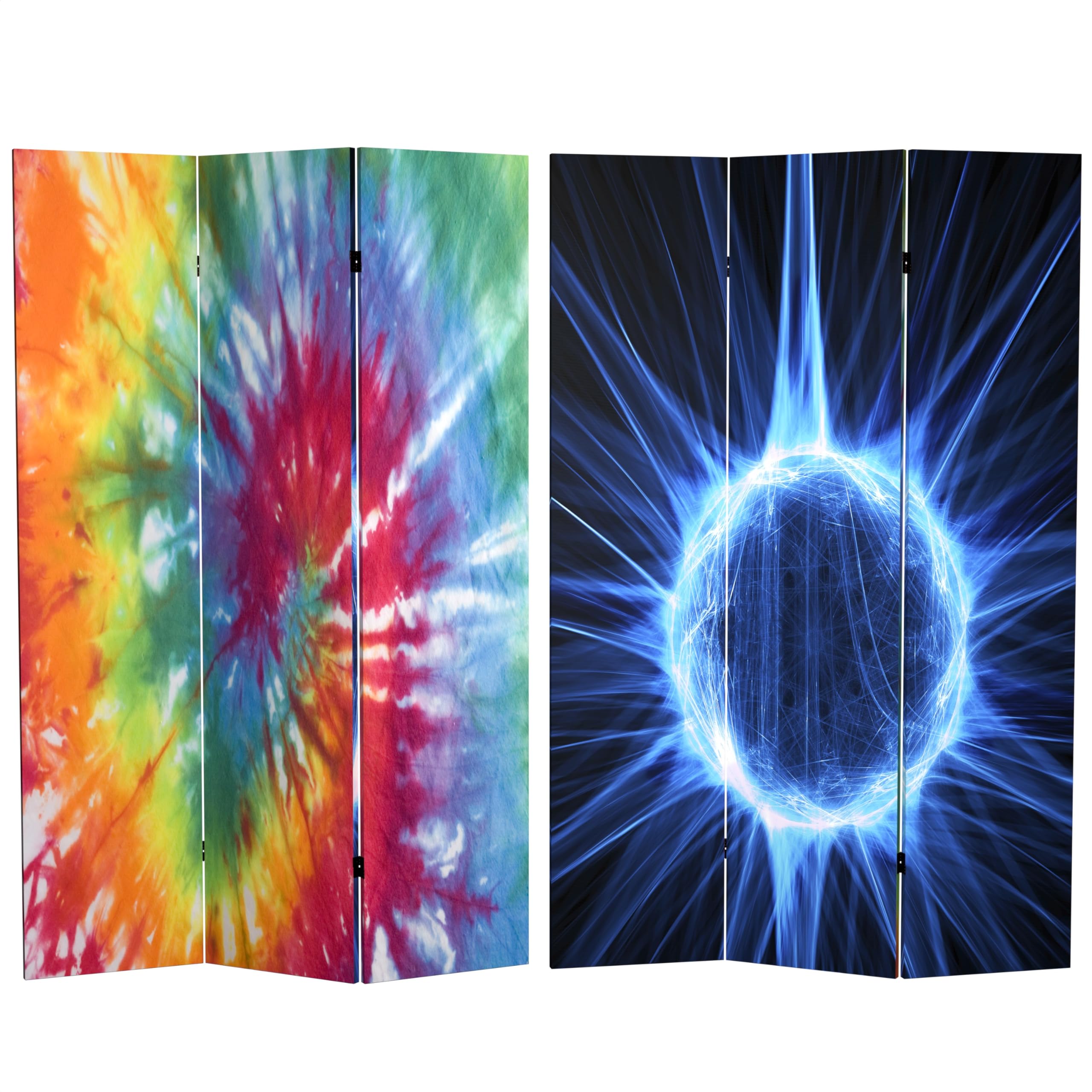 6 ft. Tall Red Lantern Double Sided Tie Dye Canvas Room Divider - 3 Panel Folding Privacy Screen for Bedroom, Office, or Event Decoration