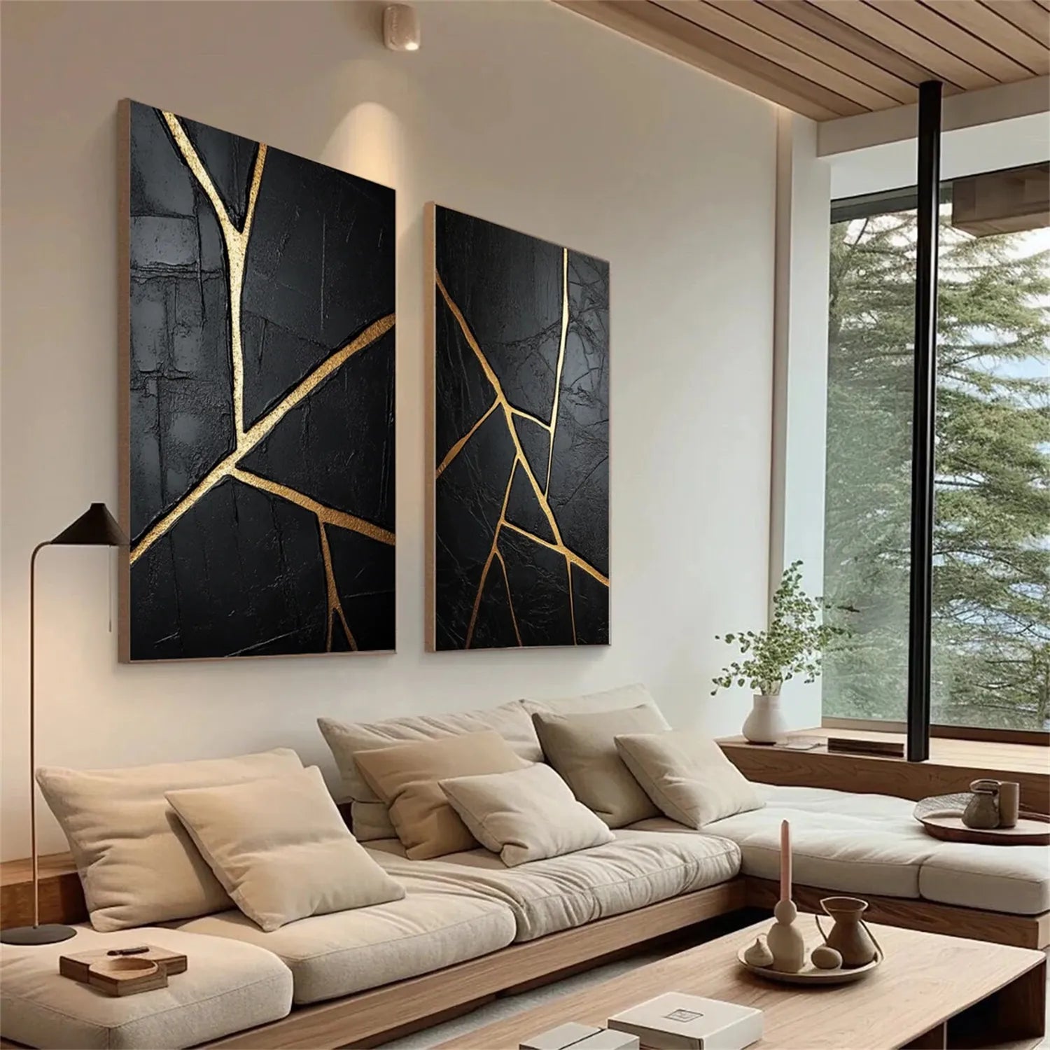 Black Gold Minimalist Textured Wall Art - Set of 2 Modern Abstract Paintings #MZ135 for Living Room, Bedroom & Office Decor