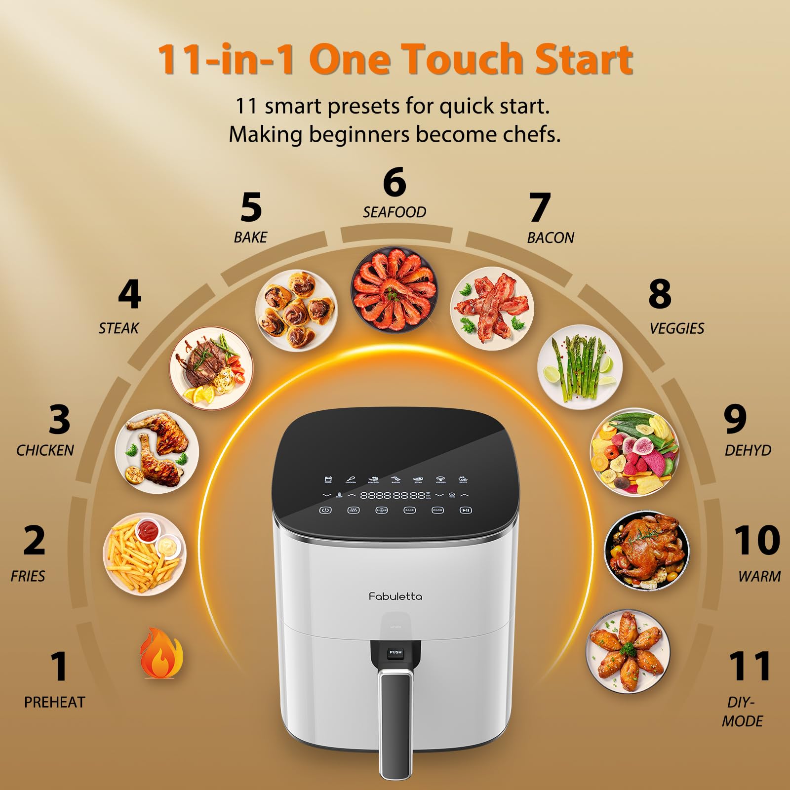 FABULETTA 6 Quart Air Fryer with 11-in-1 Functions, 450°F Max Crisp Technology, Nonstick & Dishwasher Safe Basket, White - Perfect for Healthy Frying, Roasting, Baking & Reheating for Family Meals & Parties