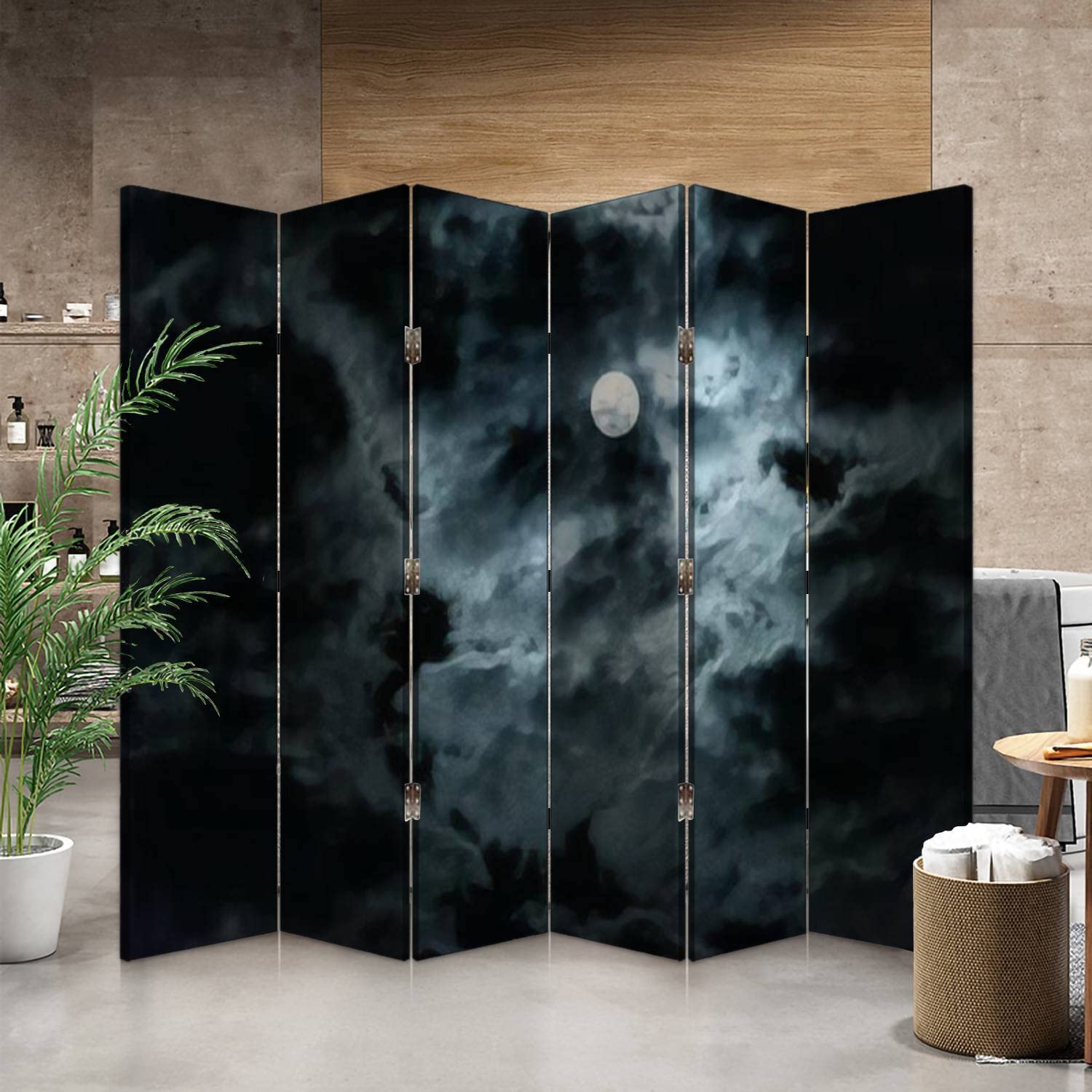 6-Panel Gothic Horror Night Sky Canvas Room Divider with Full Moon - Folding Privacy Partition Screen for Bedroom, Office & Event Spaces