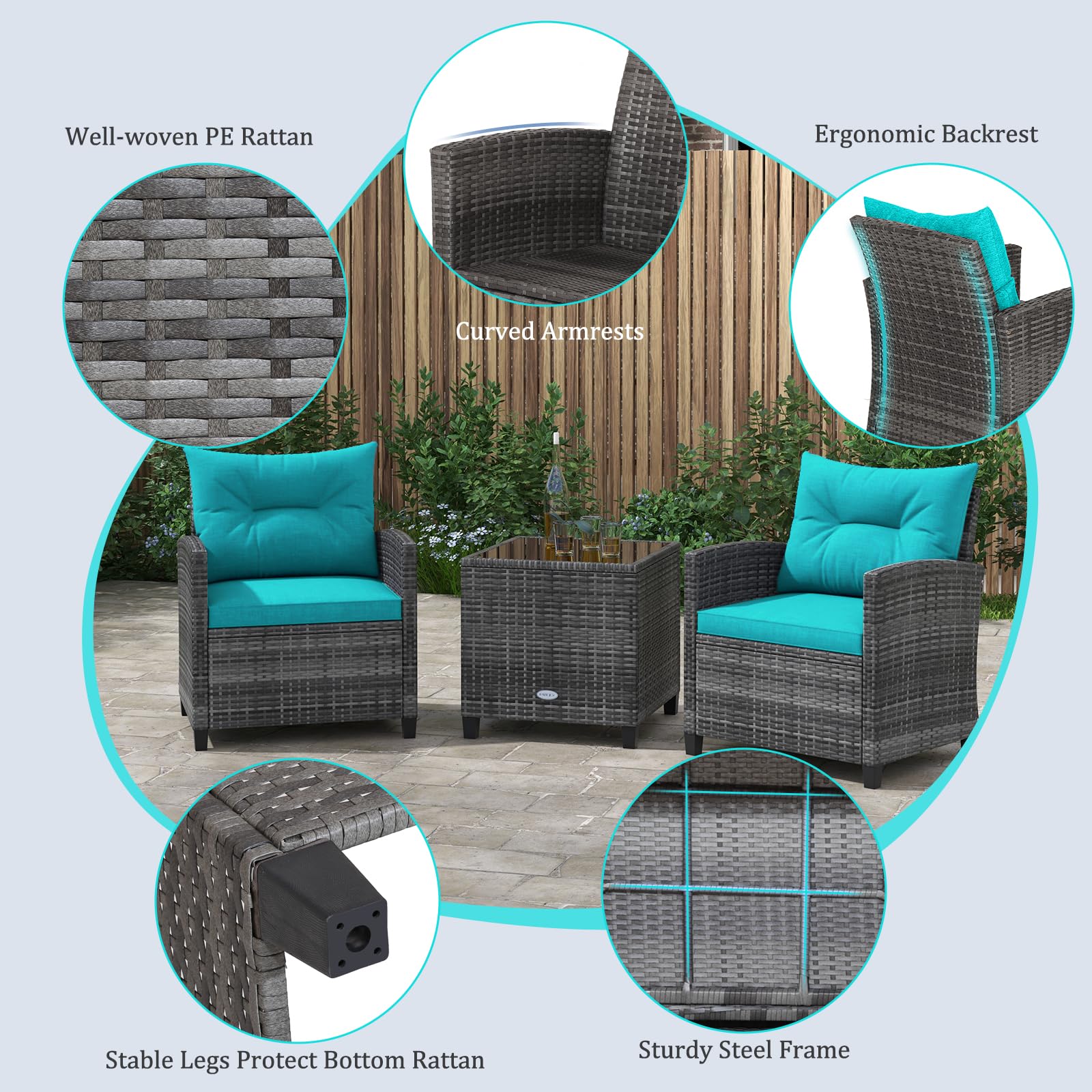 KOTEK 3-Piece Outdoor Patio Furniture Set - PE Rattan Wicker Chairs & Glass Tabletop Conversation Set with Washable Cushions for Porch, Garden, Balcony - Perfect for Relaxing, Entertaining & Outdoor Dining (Turquoise)