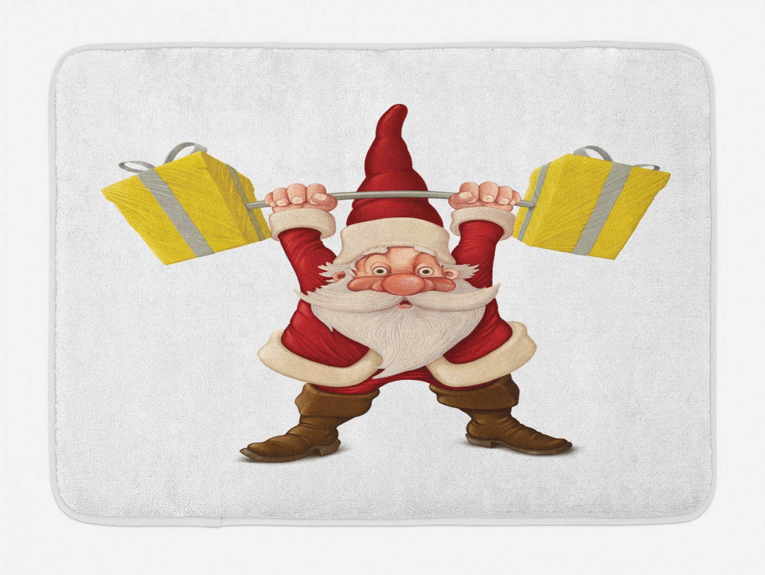 Ambesonne Christmas Bath Mat - Festive Santa Lifting Barbell with Gift Boxes Design, Non-Slip Plush Bathroom Rug, 30.2 x 20 Inches, Ruby Brown & Yellow - Perfect Holiday Decor for Bathroom, Guest Room & Christmas Home Staging